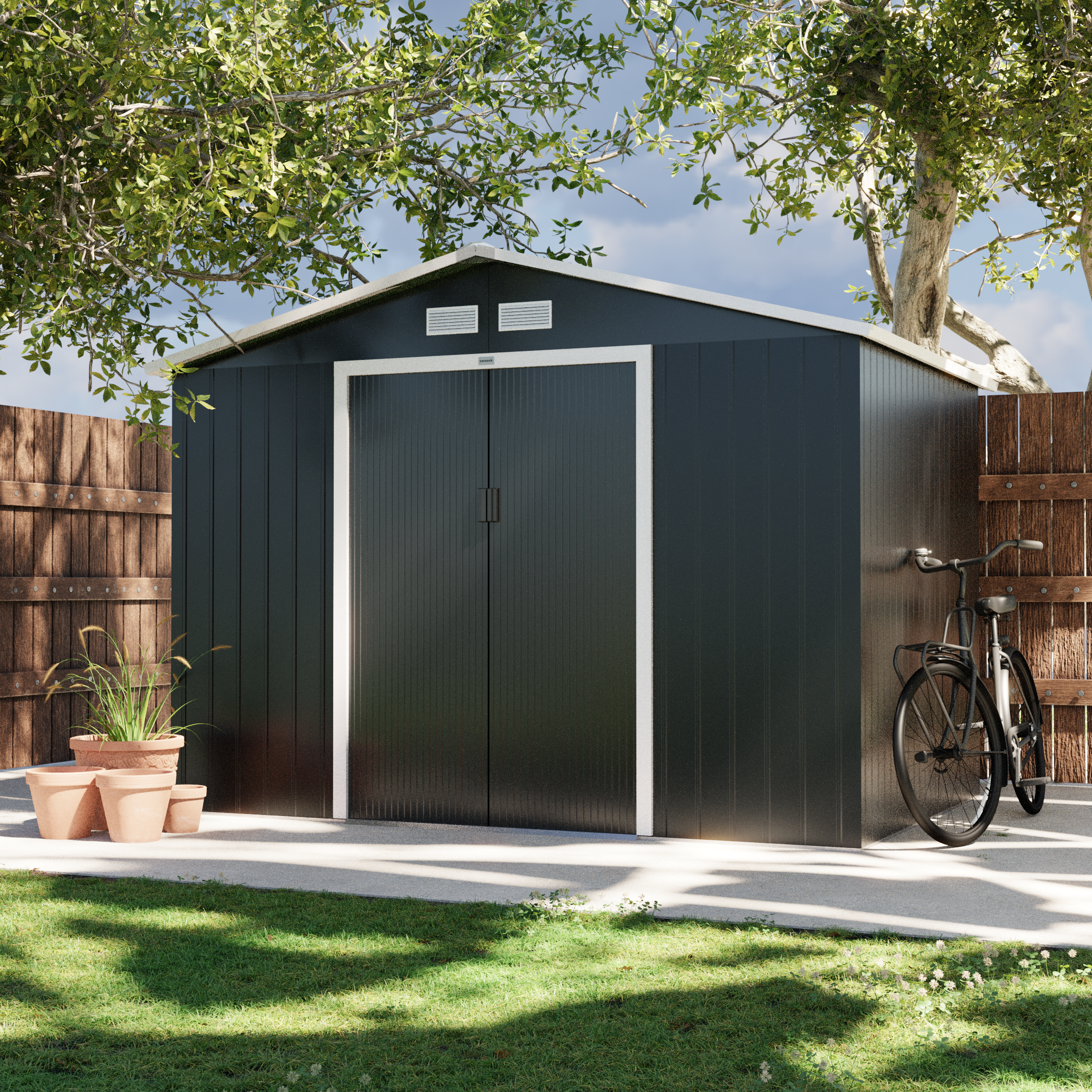 (9 X 6FT) 5.39m² Metal garden shed - Tool shed with single latch door, ground fixing kit supplied - Ferrain - Grey and White Photo1