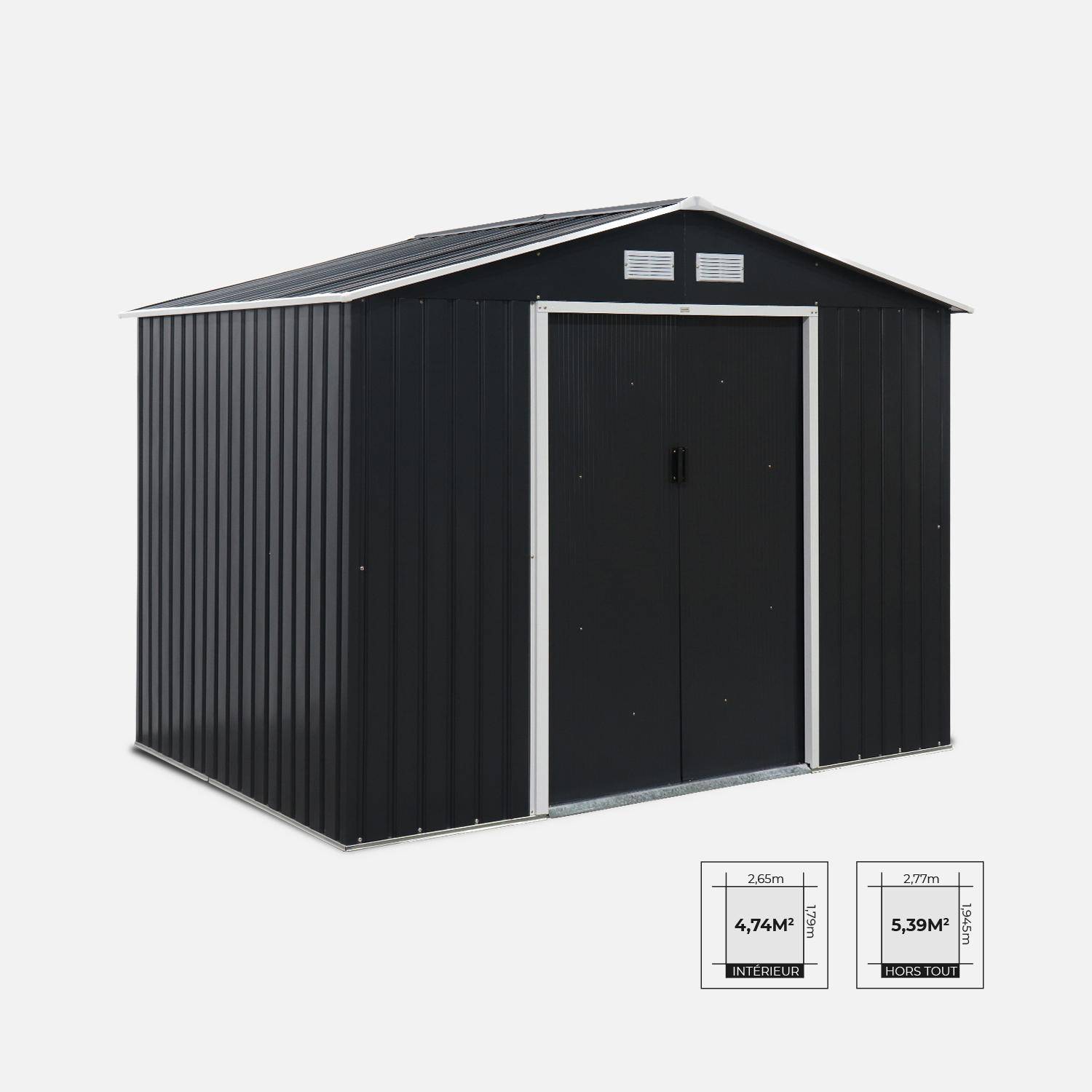 (9 X 6FT) 5.39m² Metal garden shed - Tool shed with single latch door, ground fixing kit supplied - Ferrain - Grey and White Photo3