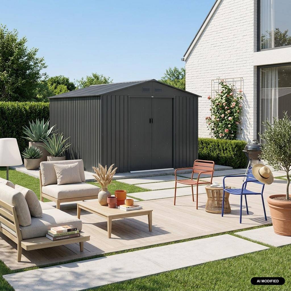 Abri de jardin en métal FLANDRE 8,95m² anthracite avec deux grandes portes coulissantes et kit de fixation inclus,sweeek,Photo1