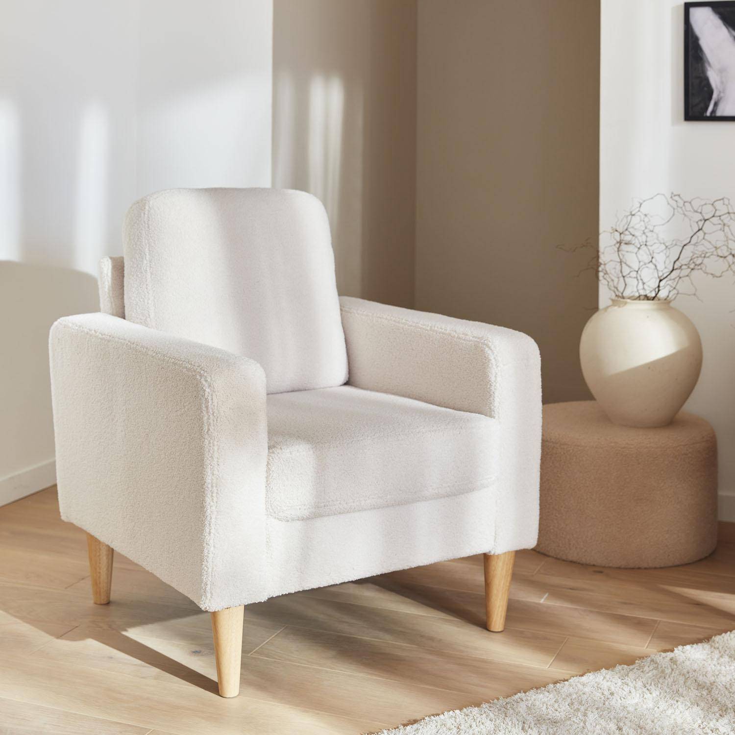 Witte fauteuil van boucléstof - Bjorn - 1-zits sofa, rechte houten poten Photo1