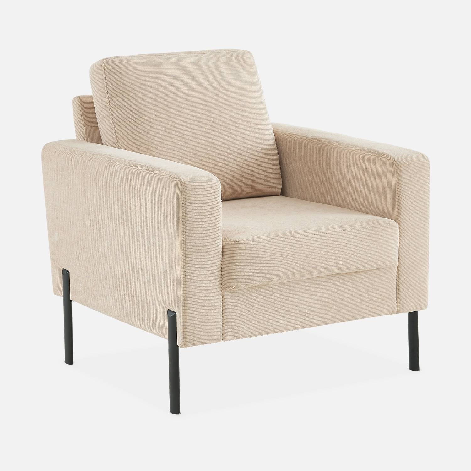 Fauteuil en velours beige - Bjorn - Canapé 1 place fixe droit pieds bois