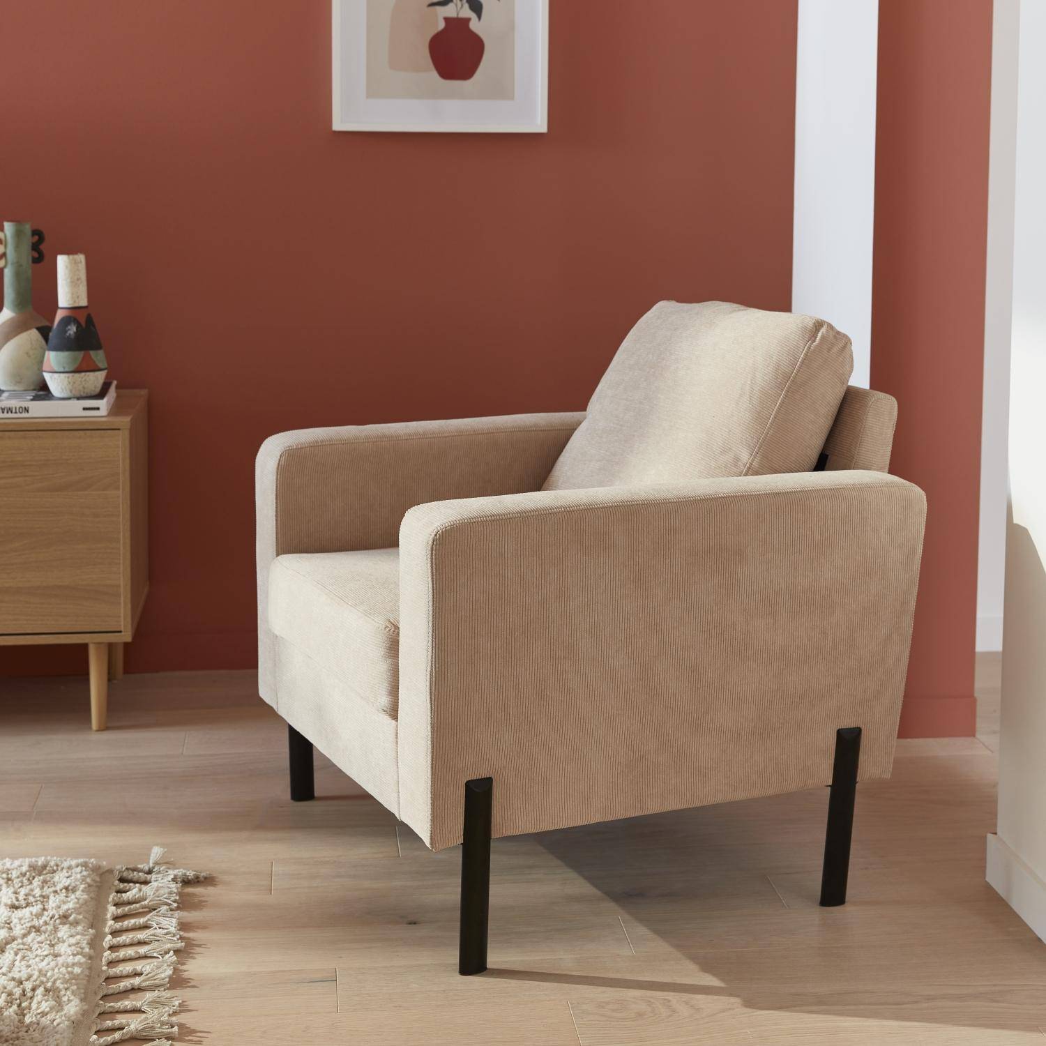 Beige corduroy zetel - Bjorn - 1-zits sofa, rechte metalen poten Photo2