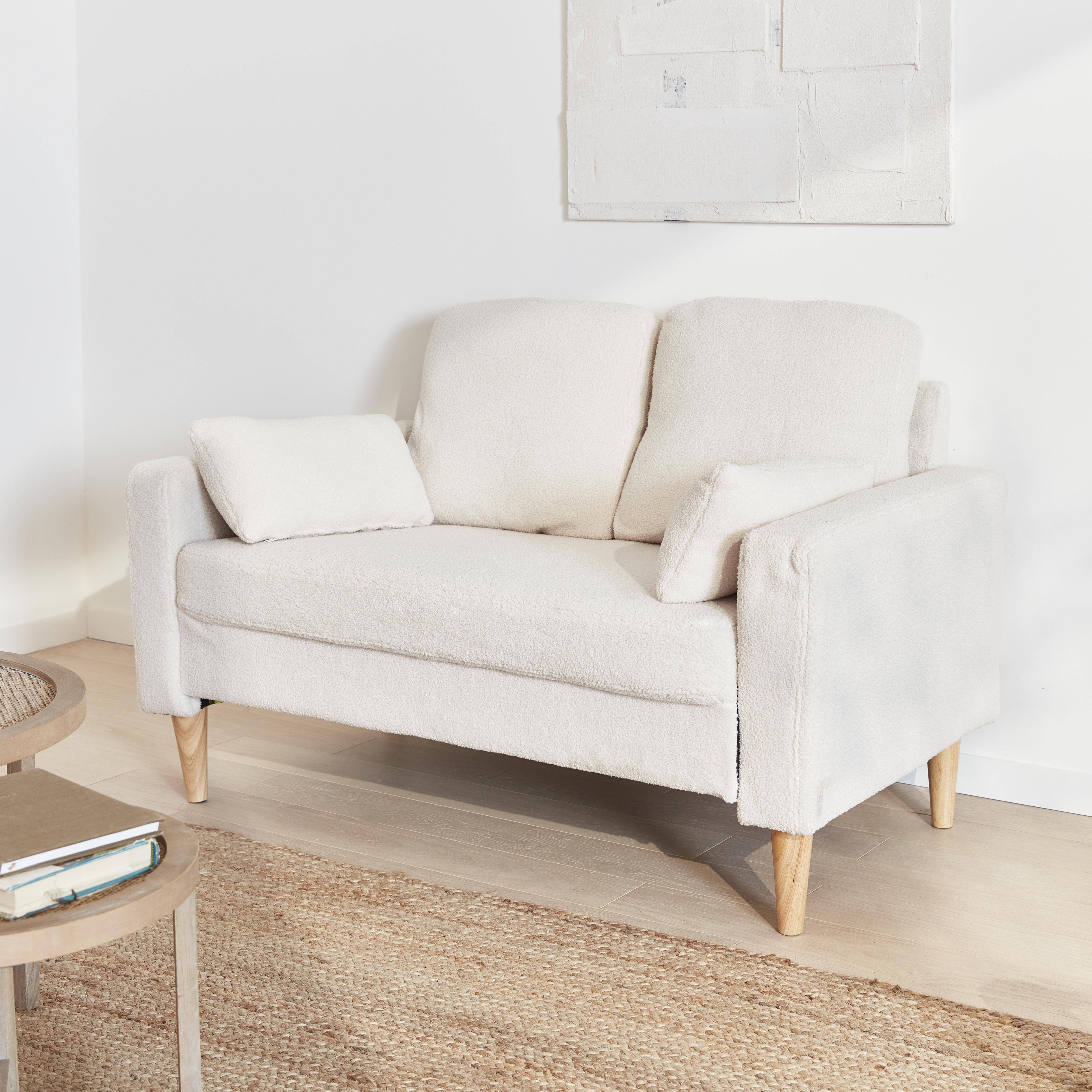 Sofá con rizos blancos, sofá recto de 2 plazas con patas de madera, estilo escandinavo   Photo2