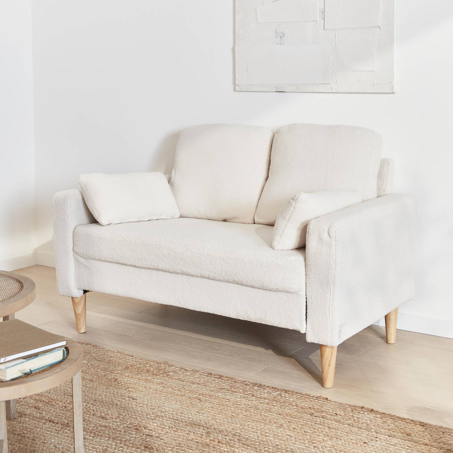 Canapé à bouclettes blanches - Bjorn - Canapé 2 places fixe droit pieds bois, style scandinave   Photo2