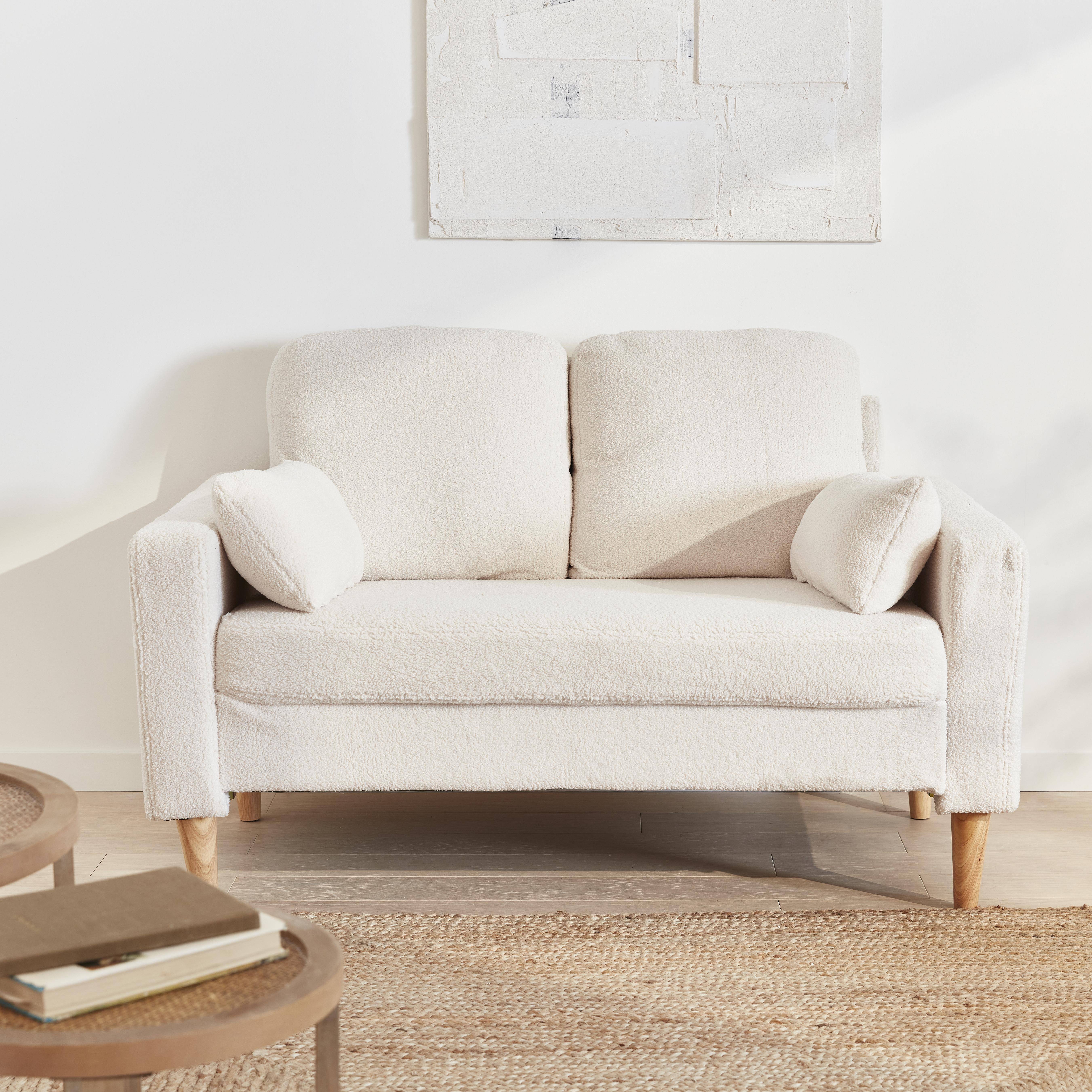 Sofá con rizos blancos, sofá recto de 2 plazas con patas de madera, estilo escandinavo   Photo1