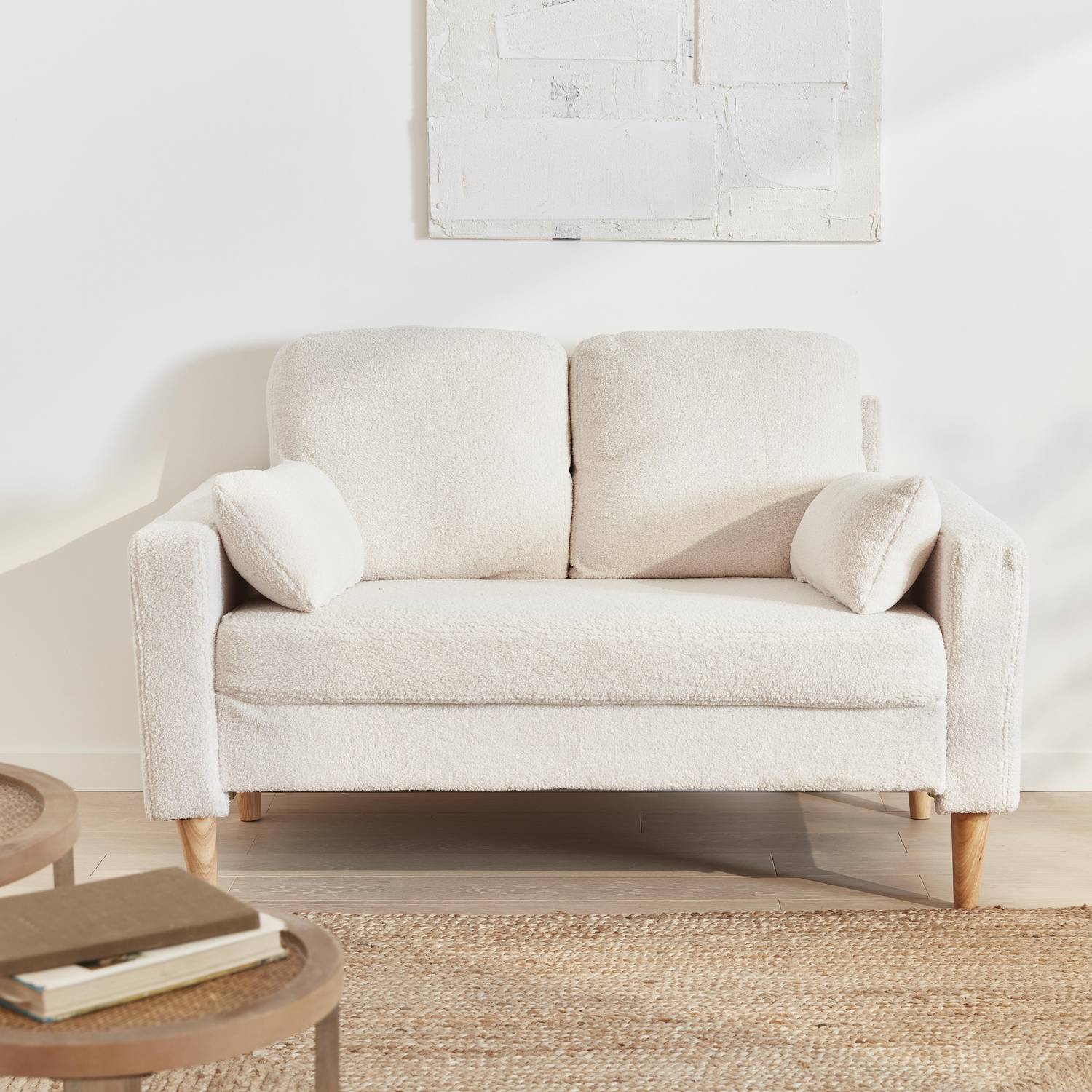 Tweezits sofa van wit boucléstof - Bjorn - 2-zits bank met houten poten, scandinavische stijl   Photo1