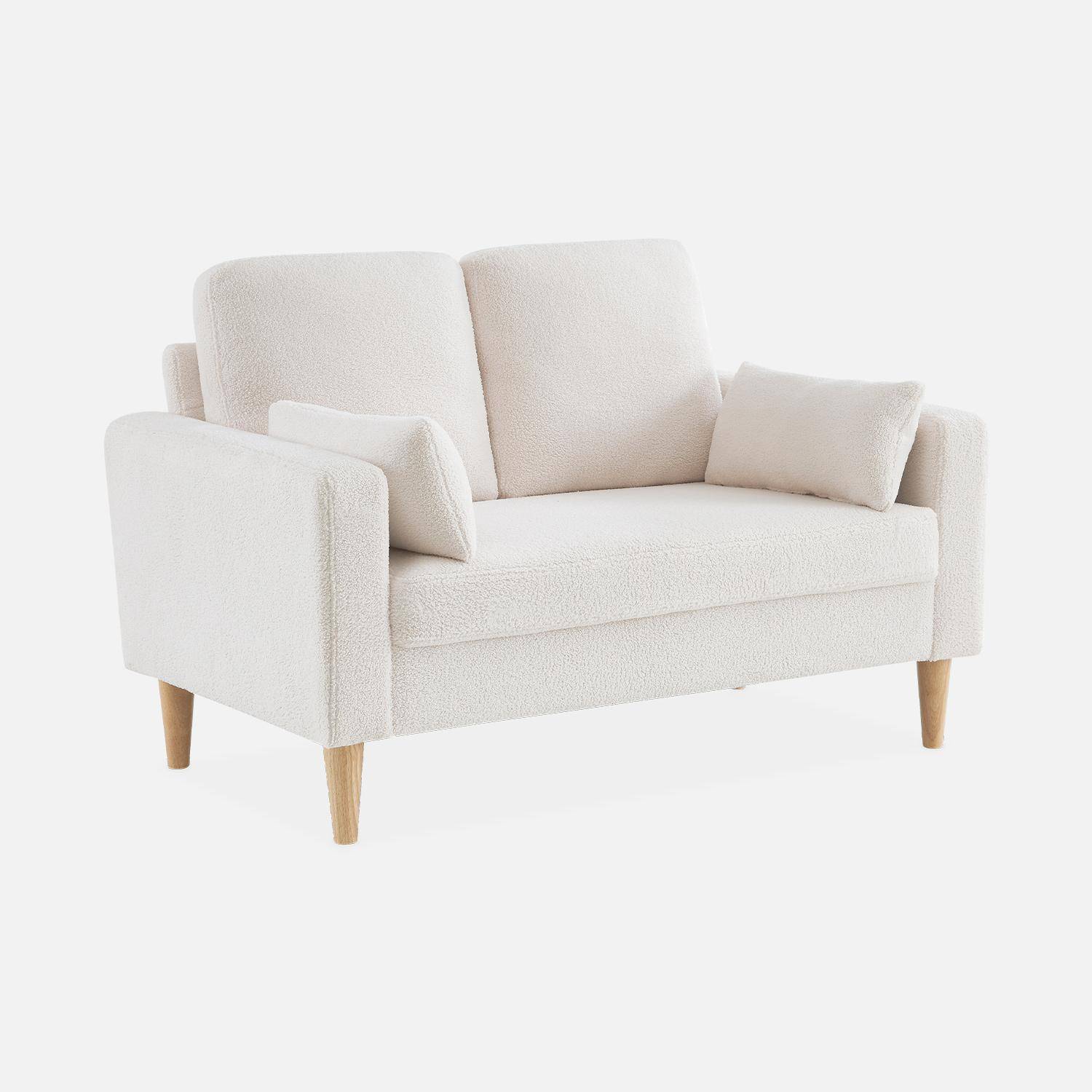 Sofá con rizos blancos, sofá recto de 2 plazas con patas de madera, estilo escandinavo   Photo3