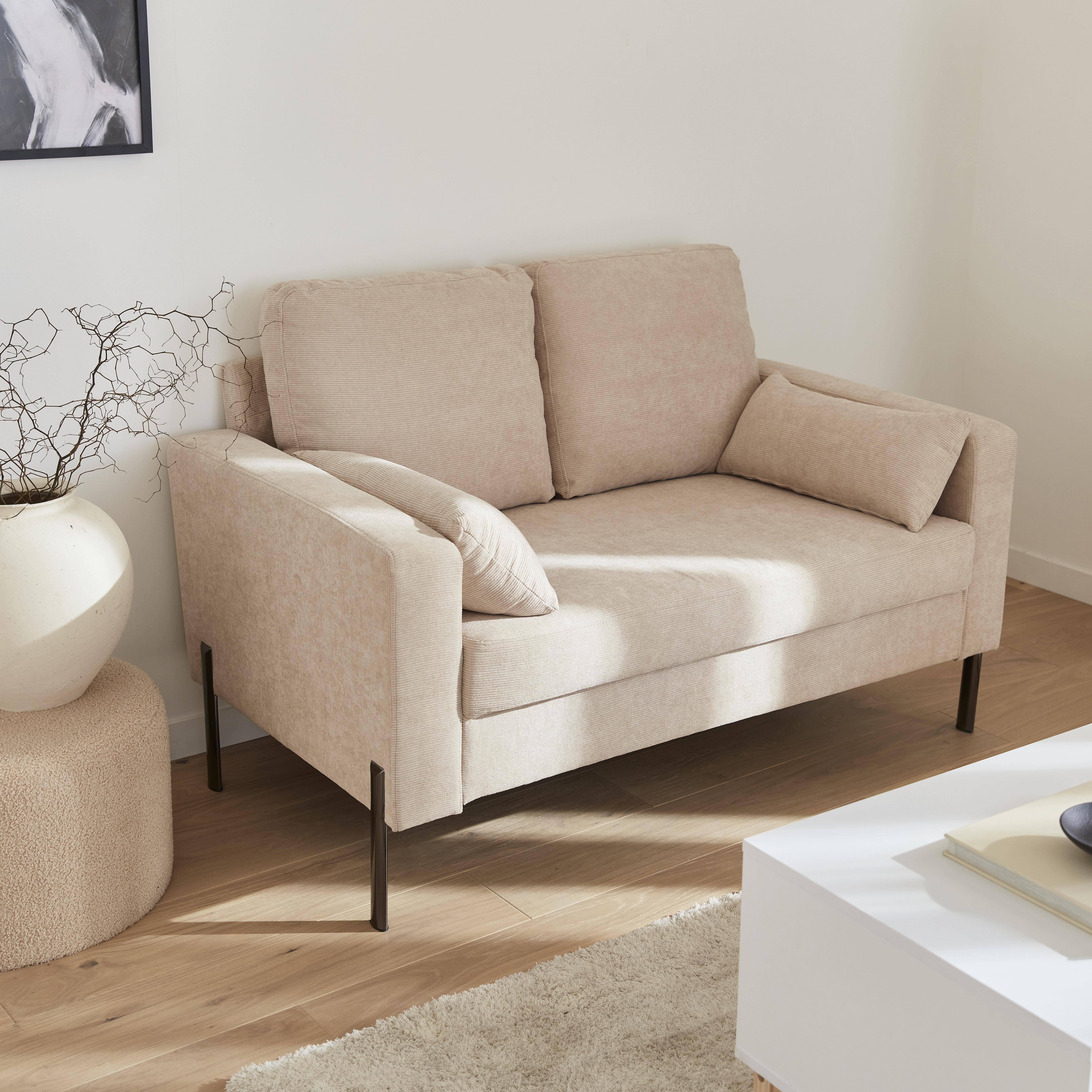 Tweezits sofa van beige corduroy - Bjorn - 2-zits bank met metalen poten, scandinavische stijl   Photo2