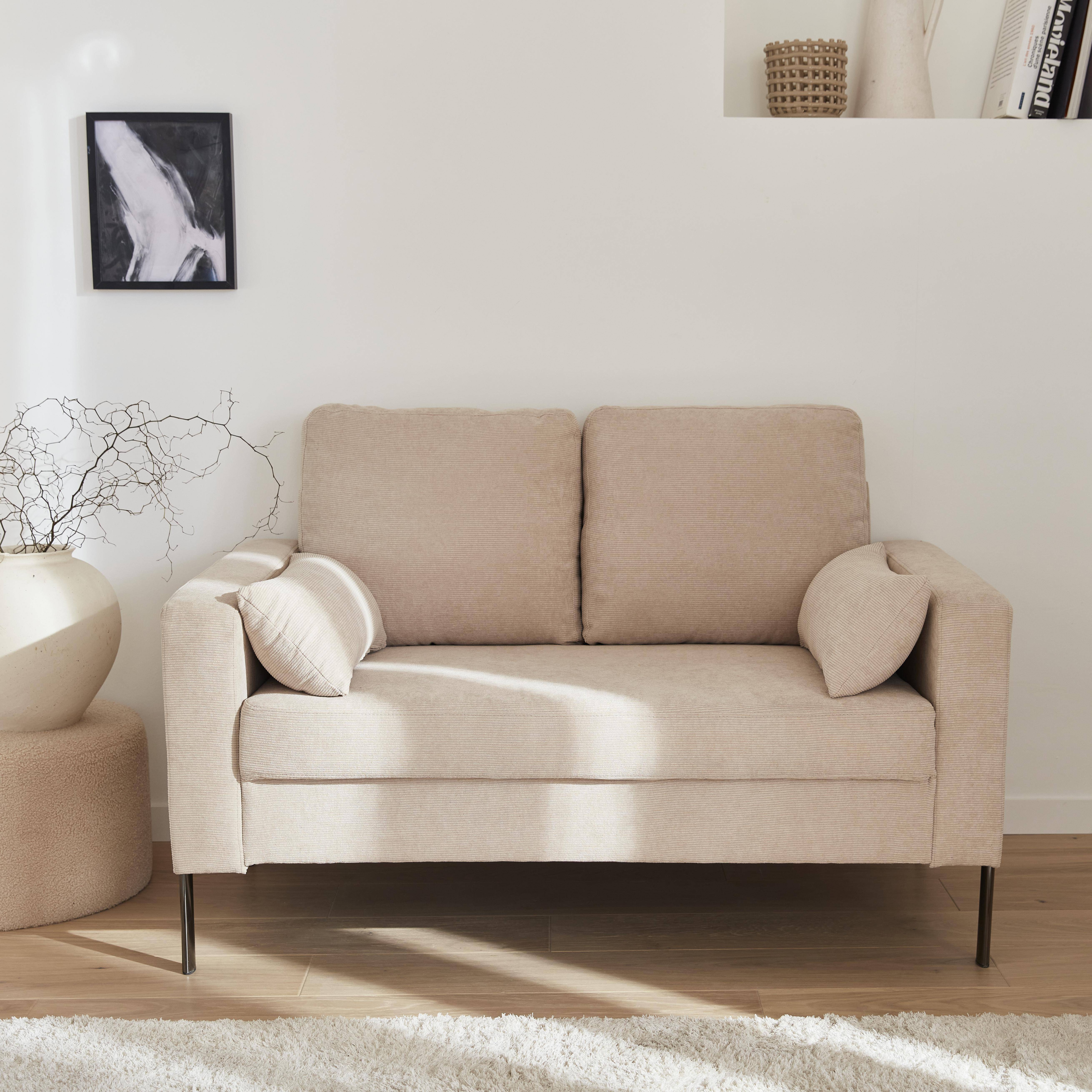 Tweezits sofa van beige corduroy - Bjorn - 2-zits bank met metalen poten, scandinavische stijl   Photo1