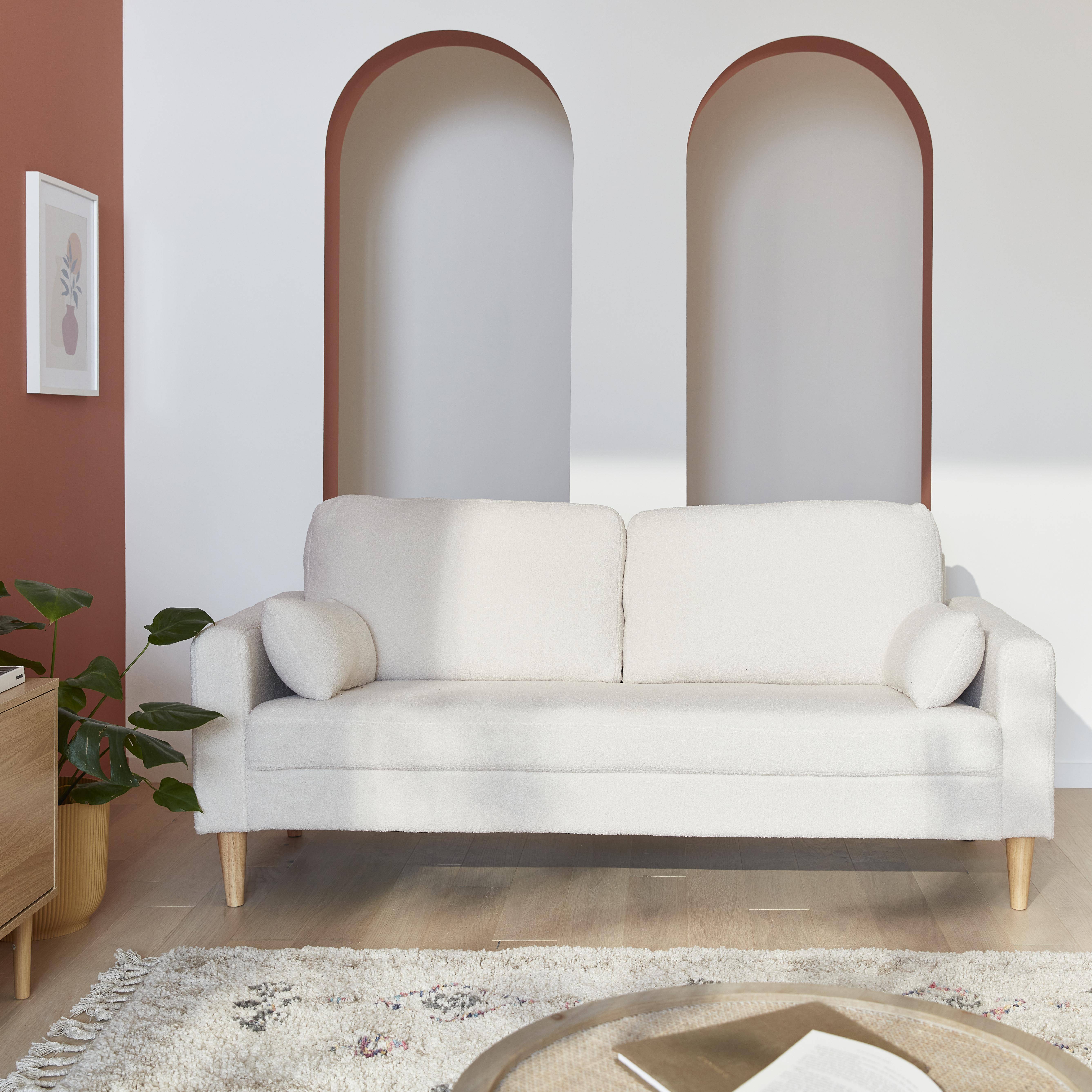 Driezits sofa van wit boucléstof - Bjorn - 3-zits bank met houten poten, scandinavische stijl  ,sweeek,Photo1
