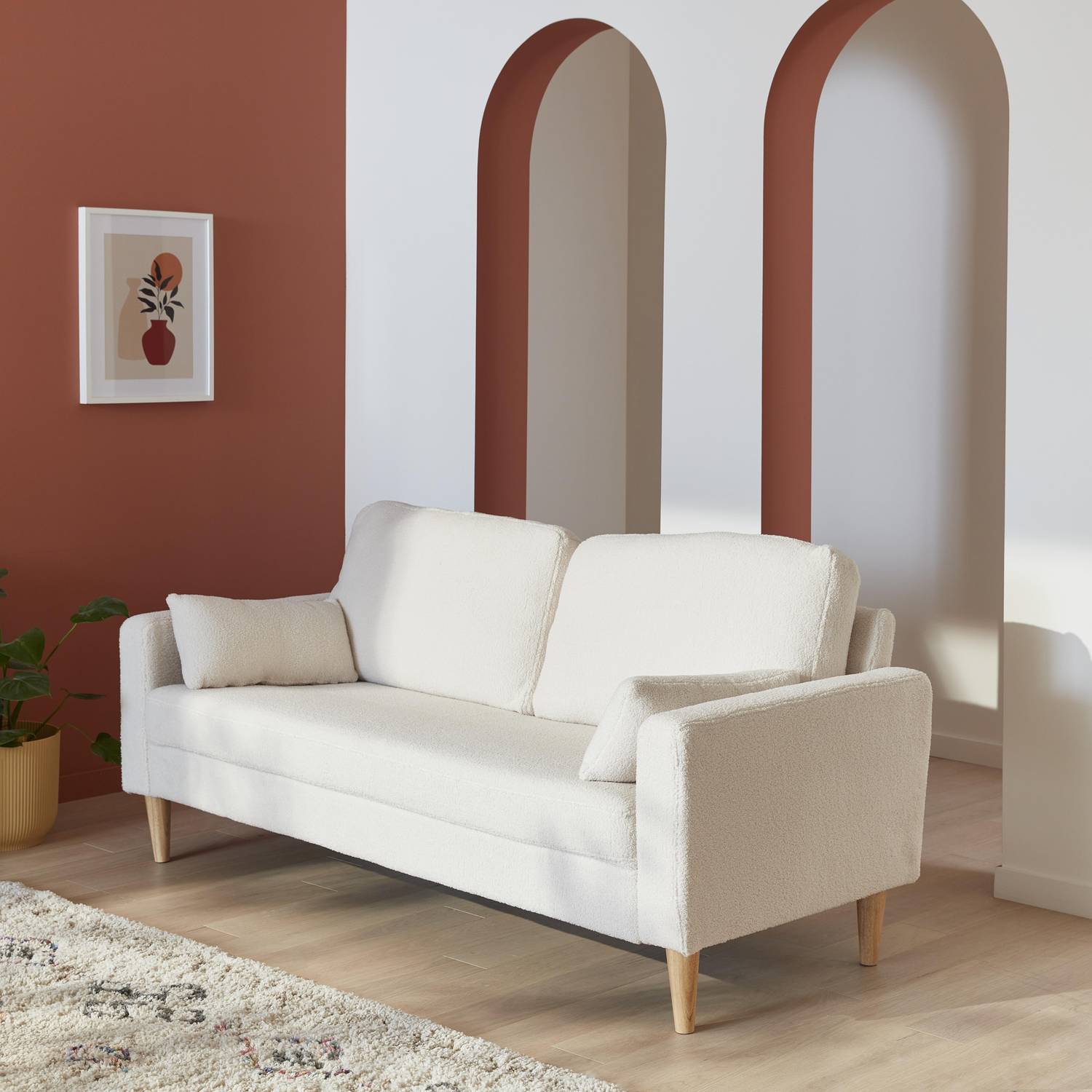 Sofá com caracóis brancos - Bjorn - sofá reto de 3 lugares com pernas de madeira, estilo escandinavo Photo2