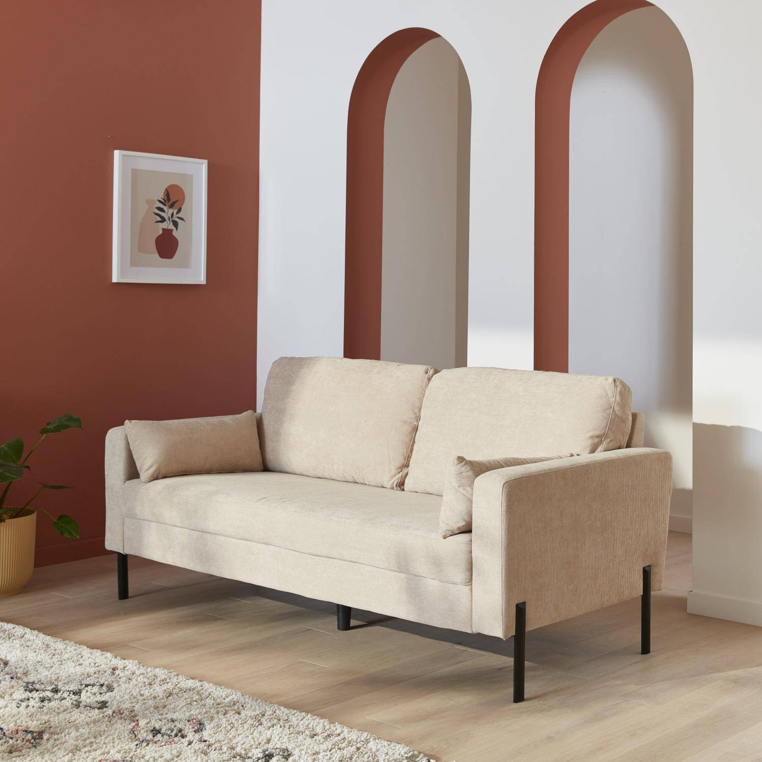 Canapé en velours beige - Bjorn - Canapé 3 places fixe droit pieds métal, style scandinave   Photo2
