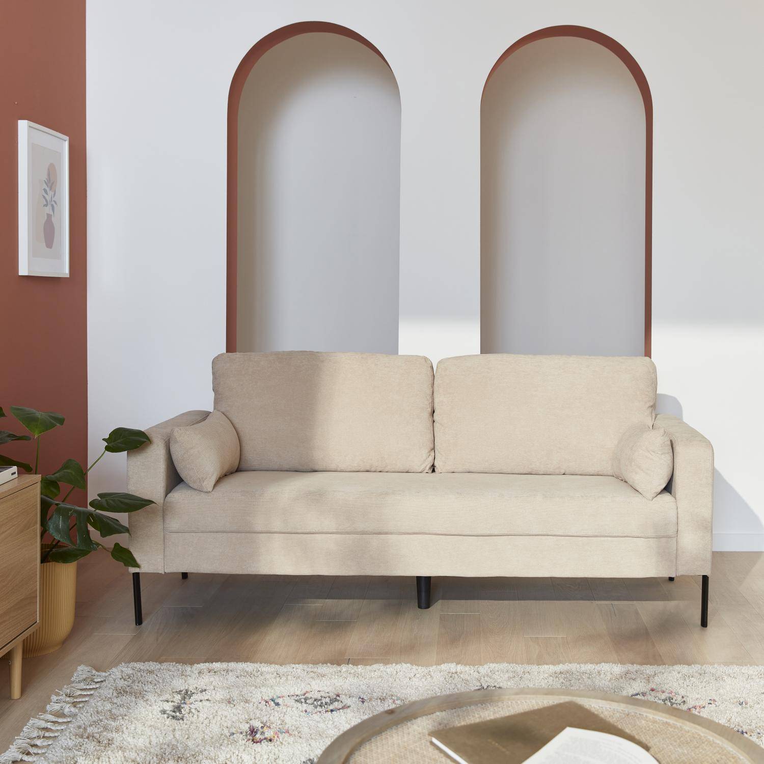 Canapé en velours beige - Bjorn - Canapé 3 places fixe droit pieds métal, style scandinave   Photo1