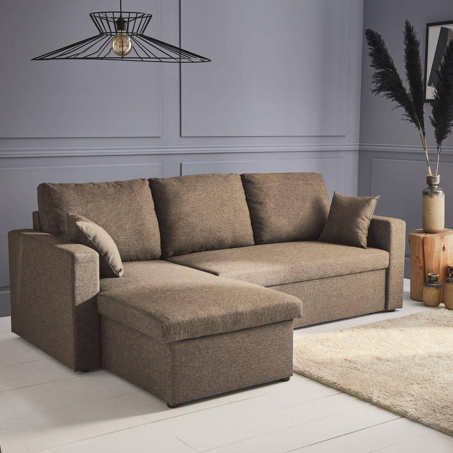 Bruine stoffen bedbank met chaise longue en opbergruimte - IDA - 3-zits, omkeerbare hoeksalon, opbergruimte, zetelbed Photo1