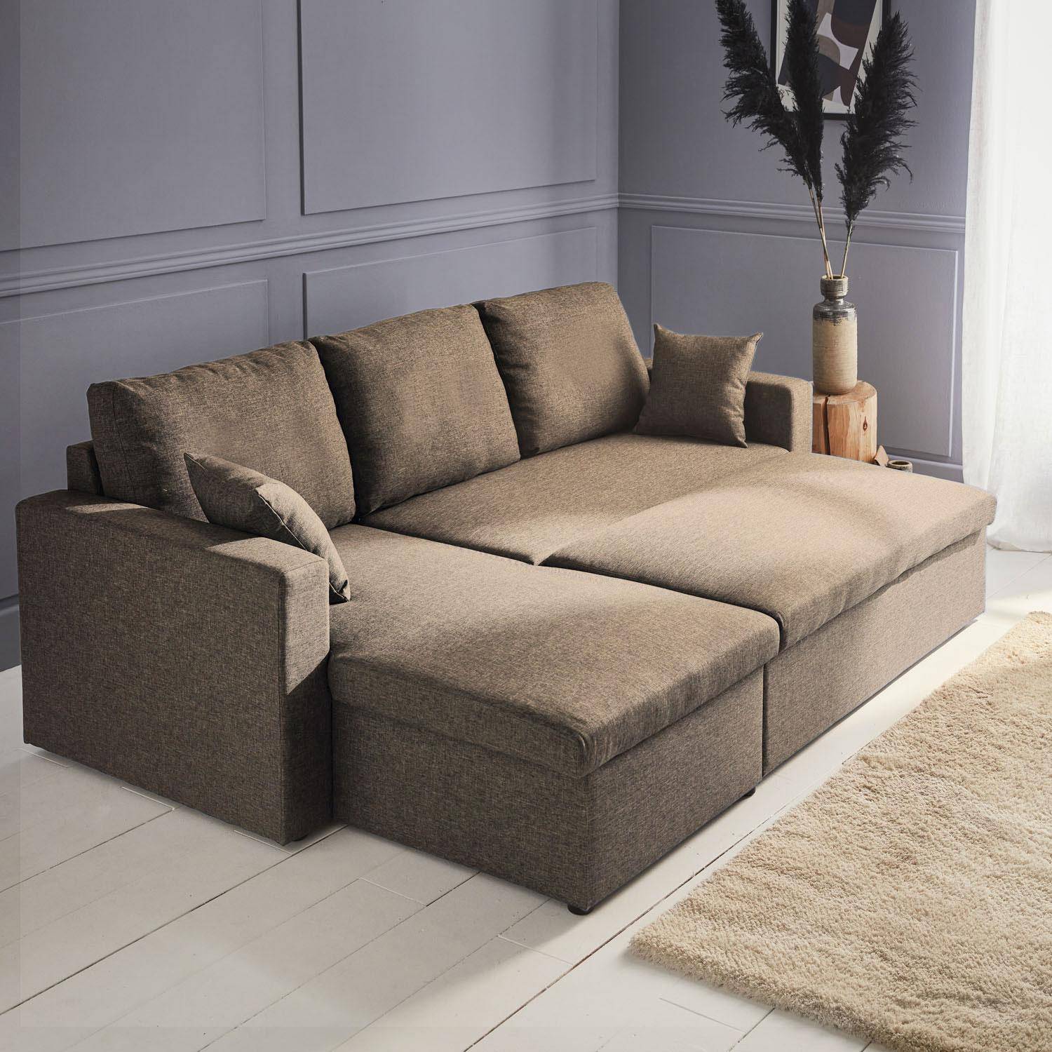 Bruine stoffen bedbank met chaise longue en opbergruimte - IDA - 3-zits, omkeerbare hoeksalon, opbergruimte, zetelbed Photo2