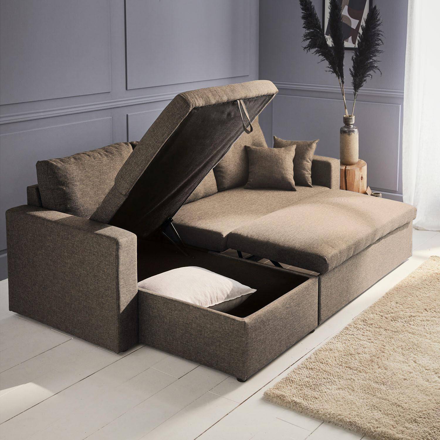 Bruine stoffen bedbank met chaise longue en opbergruimte - IDA - 3-zits, omkeerbare hoeksalon, opbergruimte, zetelbed,sweeek,Photo3