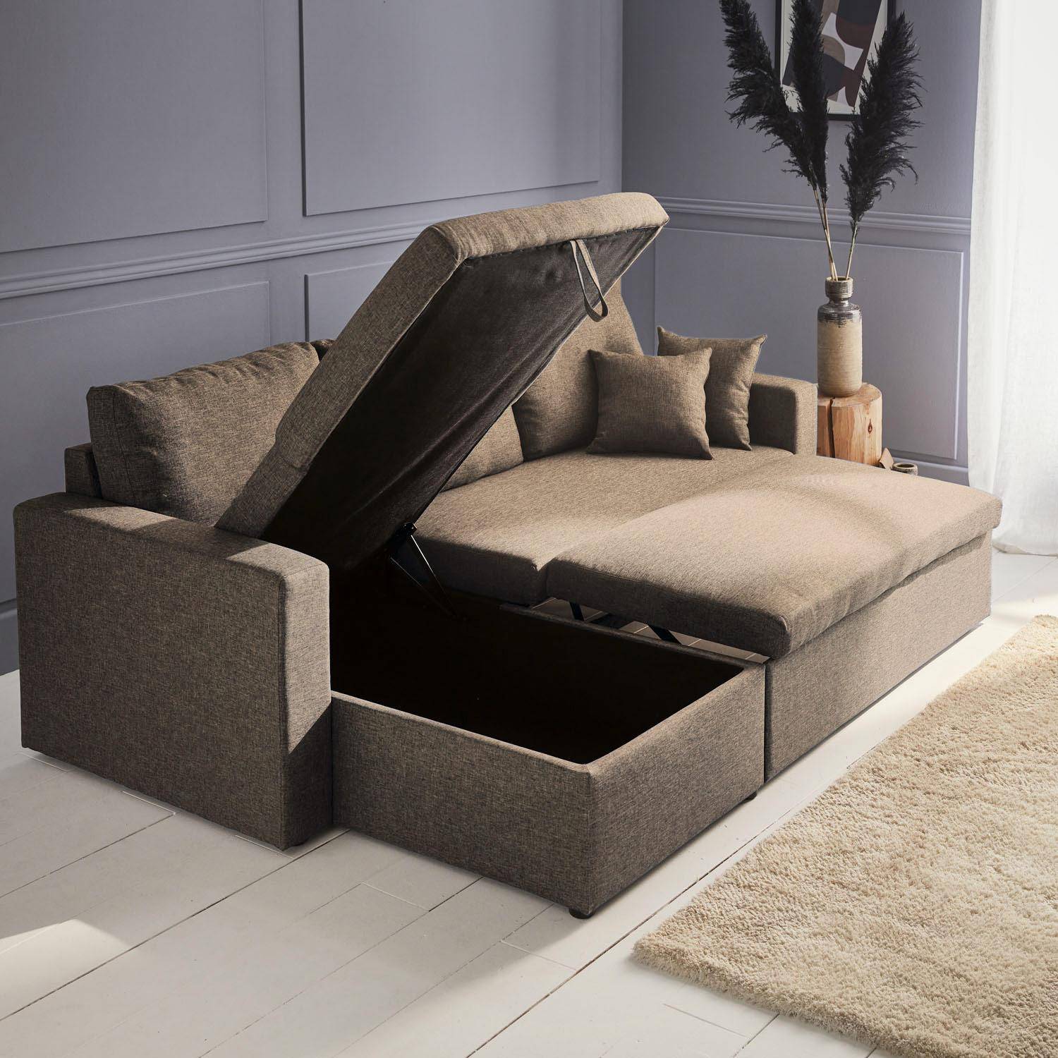 Bruine stoffen bedbank met chaise longue en opbergruimte - IDA - 3-zits, omkeerbare hoeksalon, opbergruimte, zetelbed Photo4