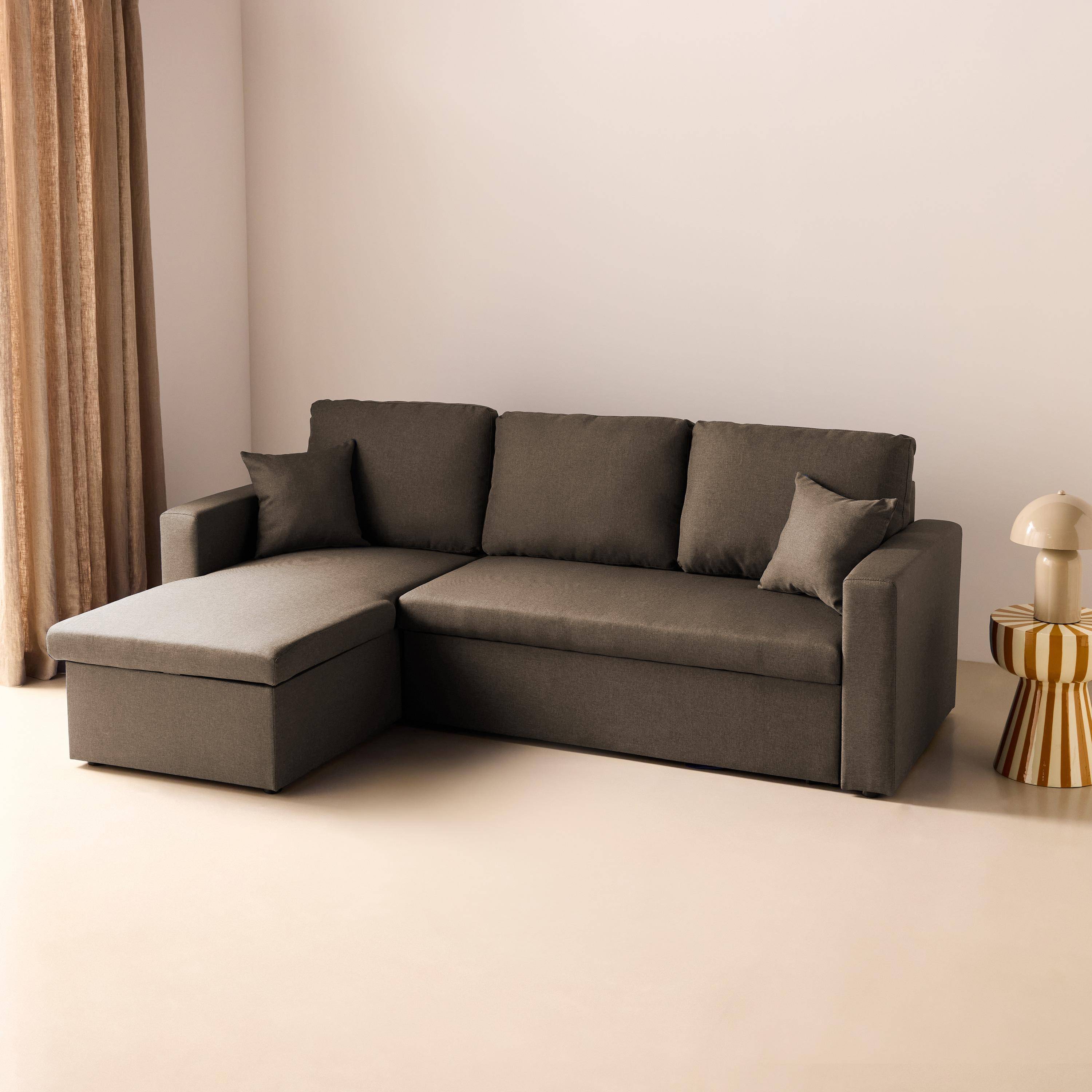 Canapé d'angle convertible en tissu marron - IDA - 3 places, fauteuil d'angle réversible coffre rangement lit modulable  Photo2