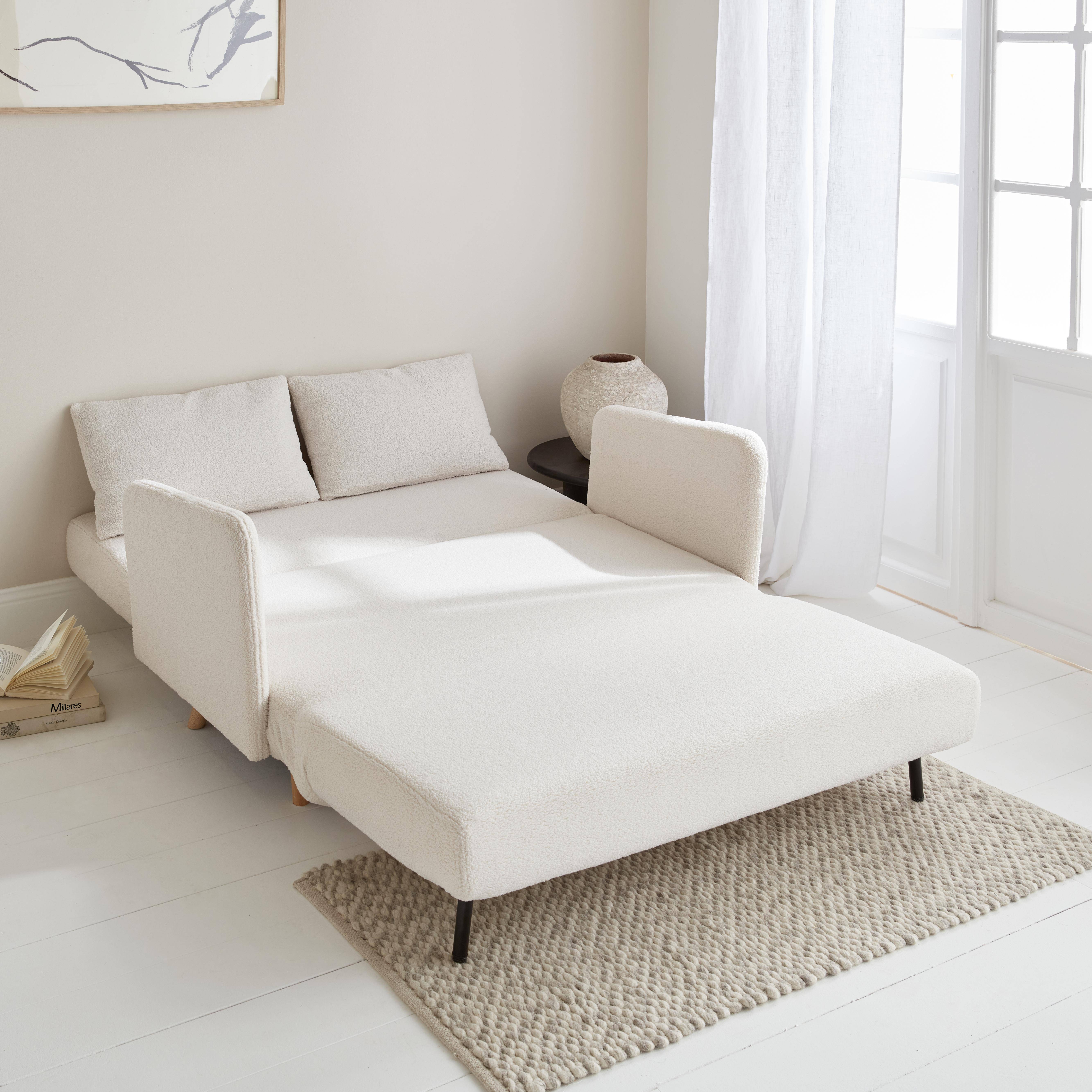 Sofá cama escandinavo de 2 plazas - Panam - patas de madera, rizos blancos, asiento de banco, respaldo reclinable Photo2