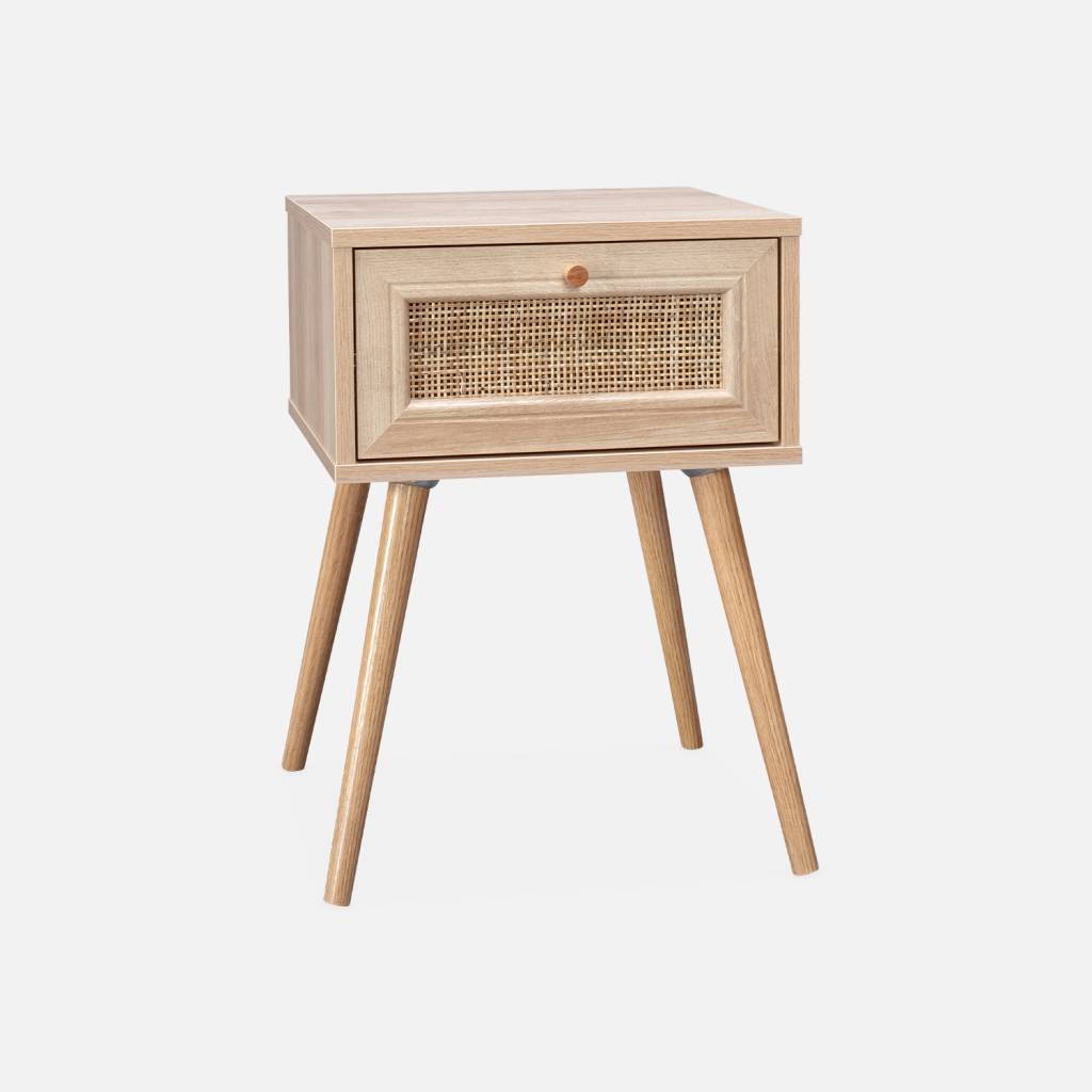 Mesita de noche escandinava efecto madera y caña con 1 cajón, Natural