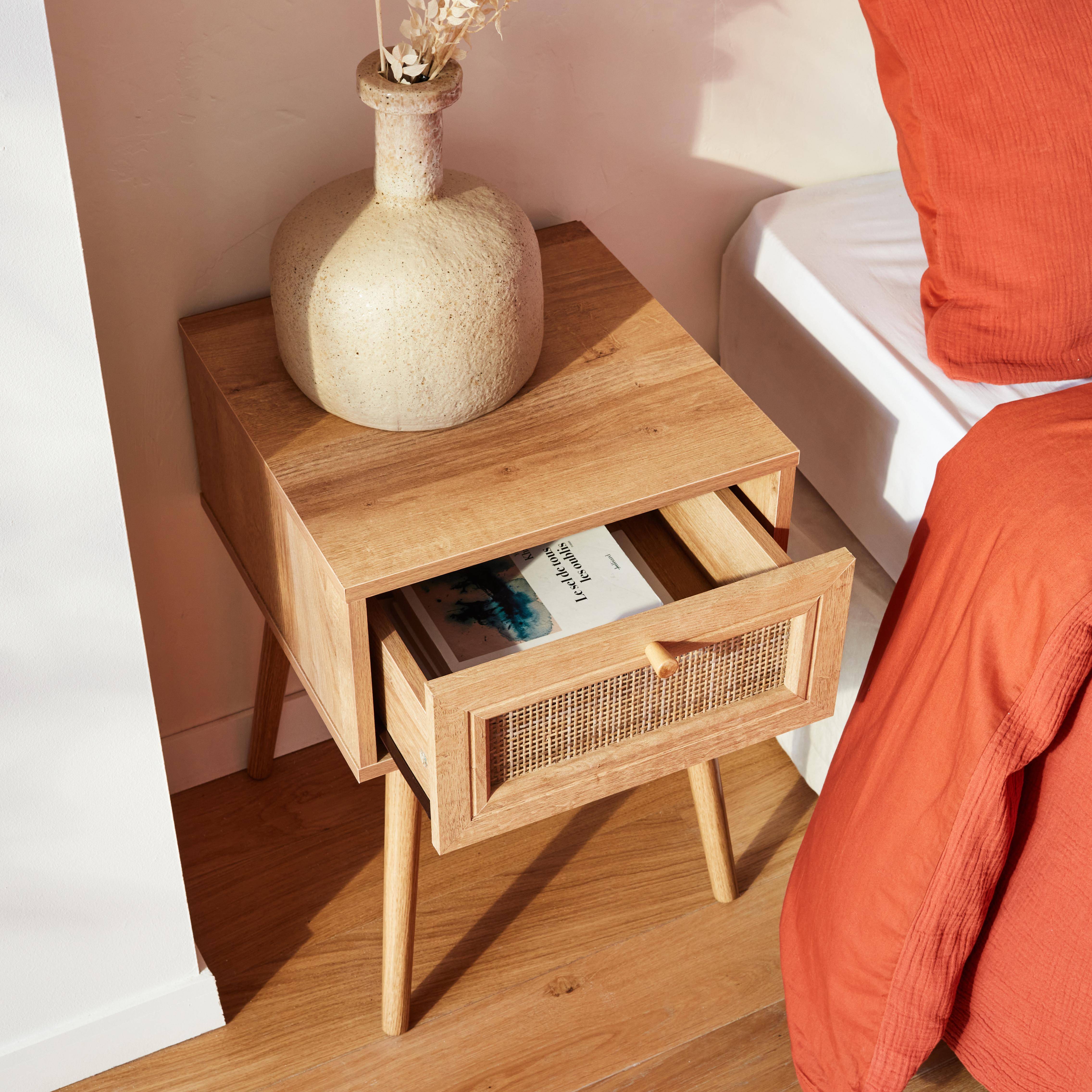 Woven rattan bedside table with drawer, 39x39x55.4cm - Boheme - Natural Wood colour,sweeek,Photo2