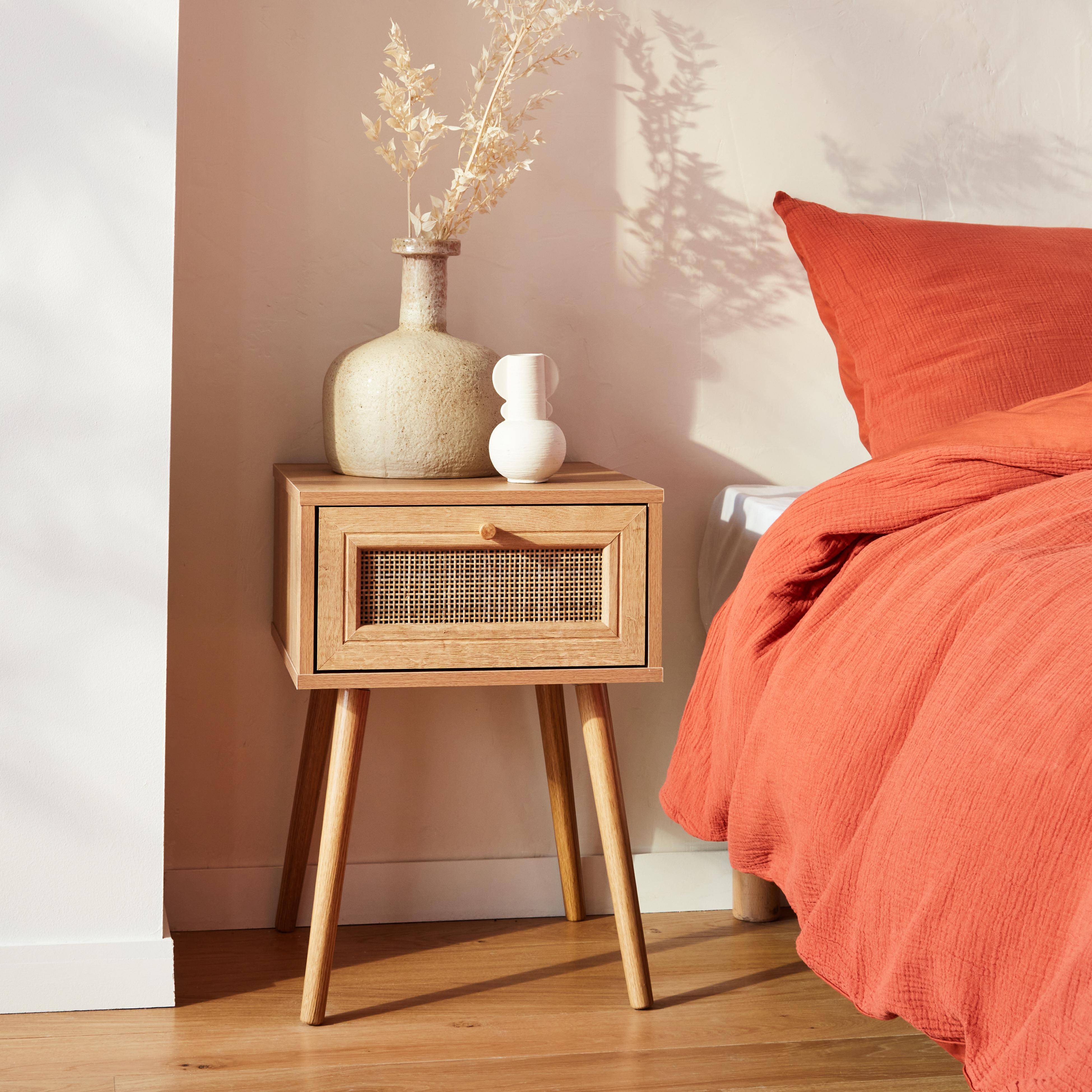 Nachttisch mit Holzeffekt & Rattan-Geflecht mit 1 Schublade