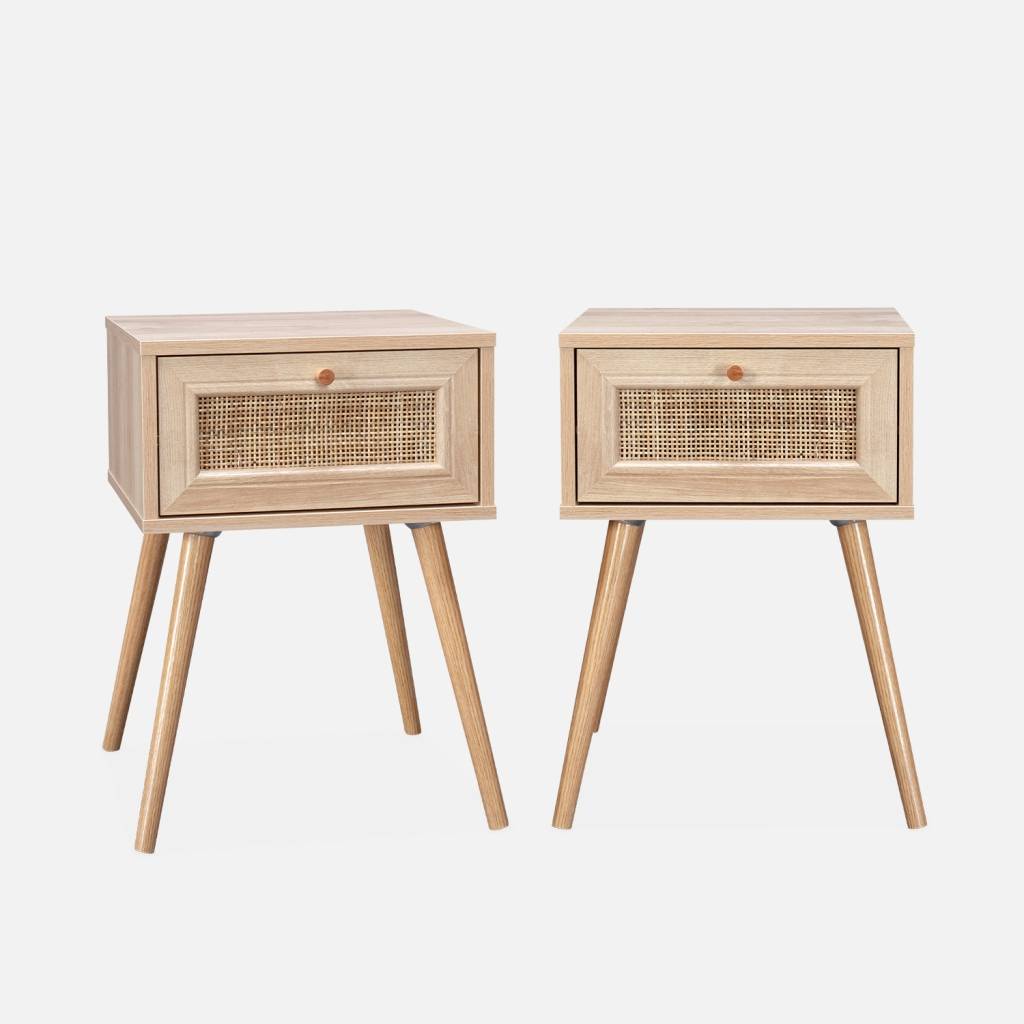 Set 2 comodini in effetto legno e cannage, 39x55,4, Marrone naturale