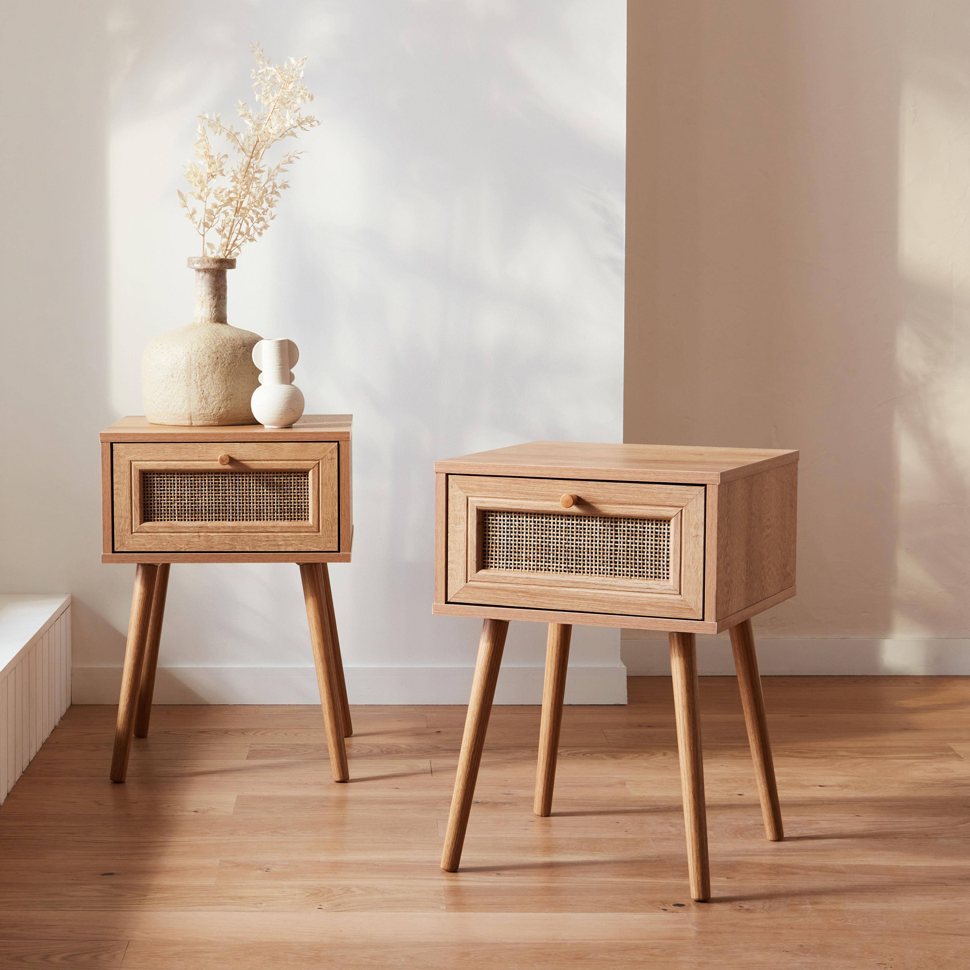 Pair of woven rattan bedside tables with drawer, 39x39x55.4cm - Boheme - Natural Wood colour,sweeek,Photo1