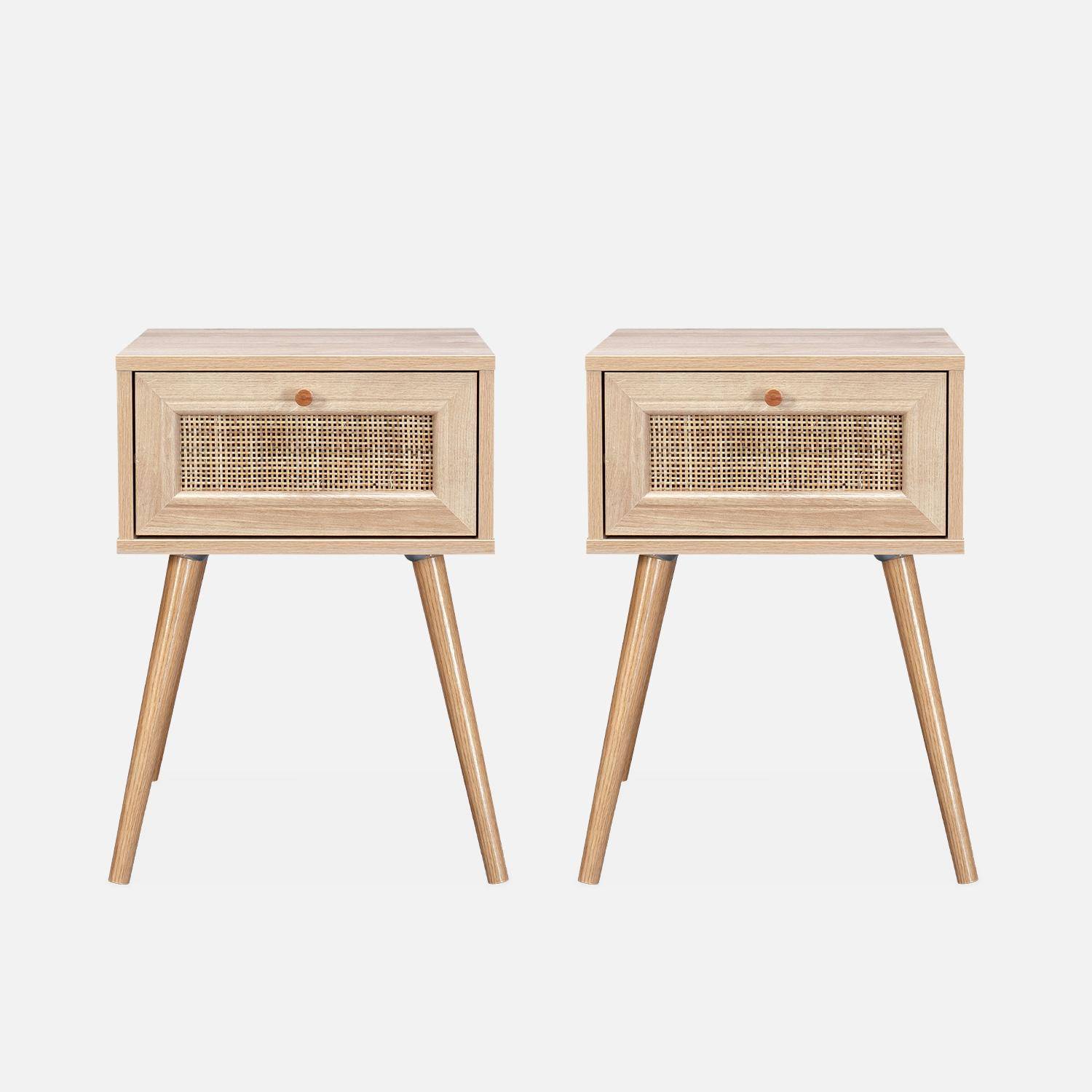 Pair of woven rattan bedside tables with drawer, 39x39x55.4cm - Boheme - Natural Wood colour,sweeek,Photo4