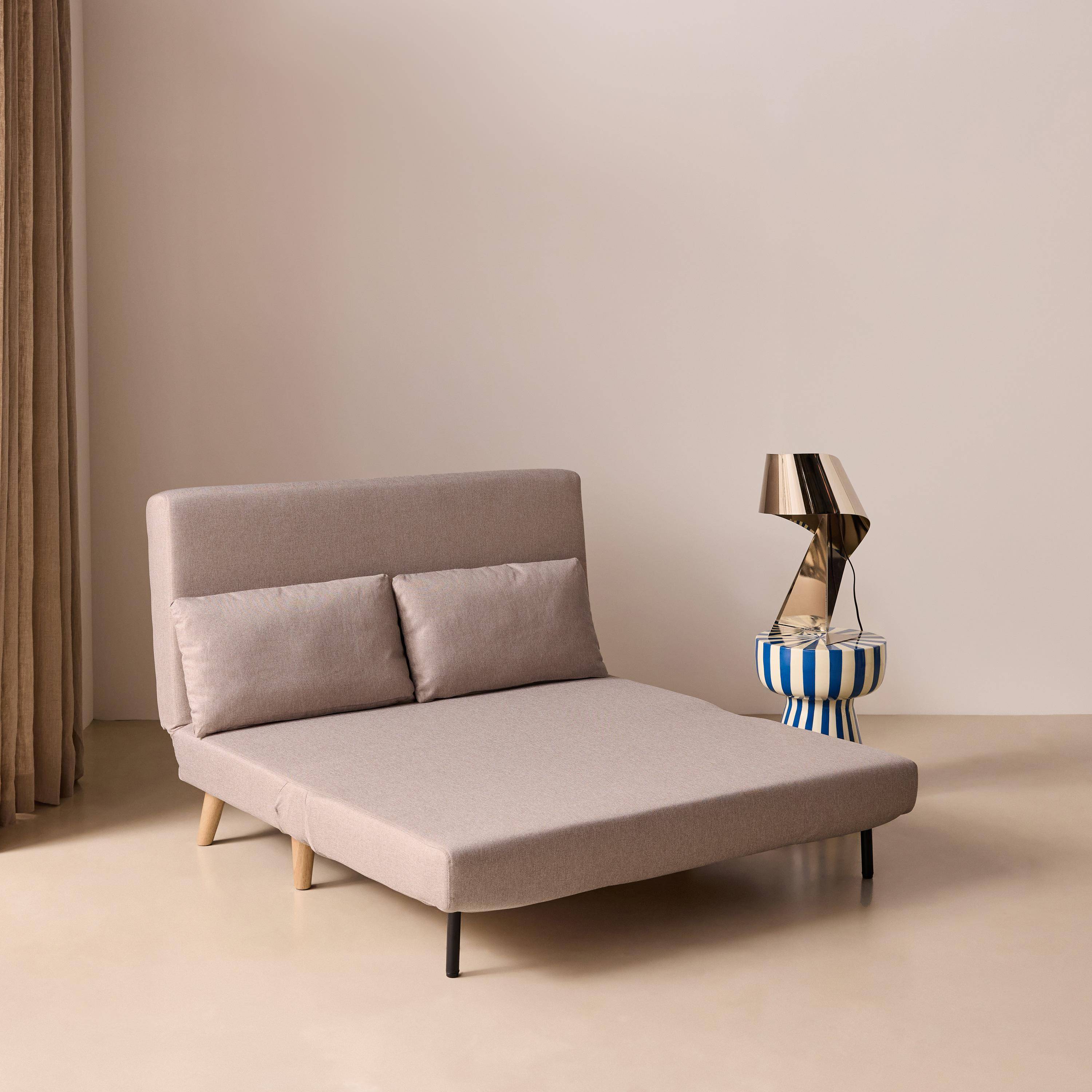 Sofá-cama em tecido com pés em madeira, 2 lugares Bege - 120x89x80 cm Photo3