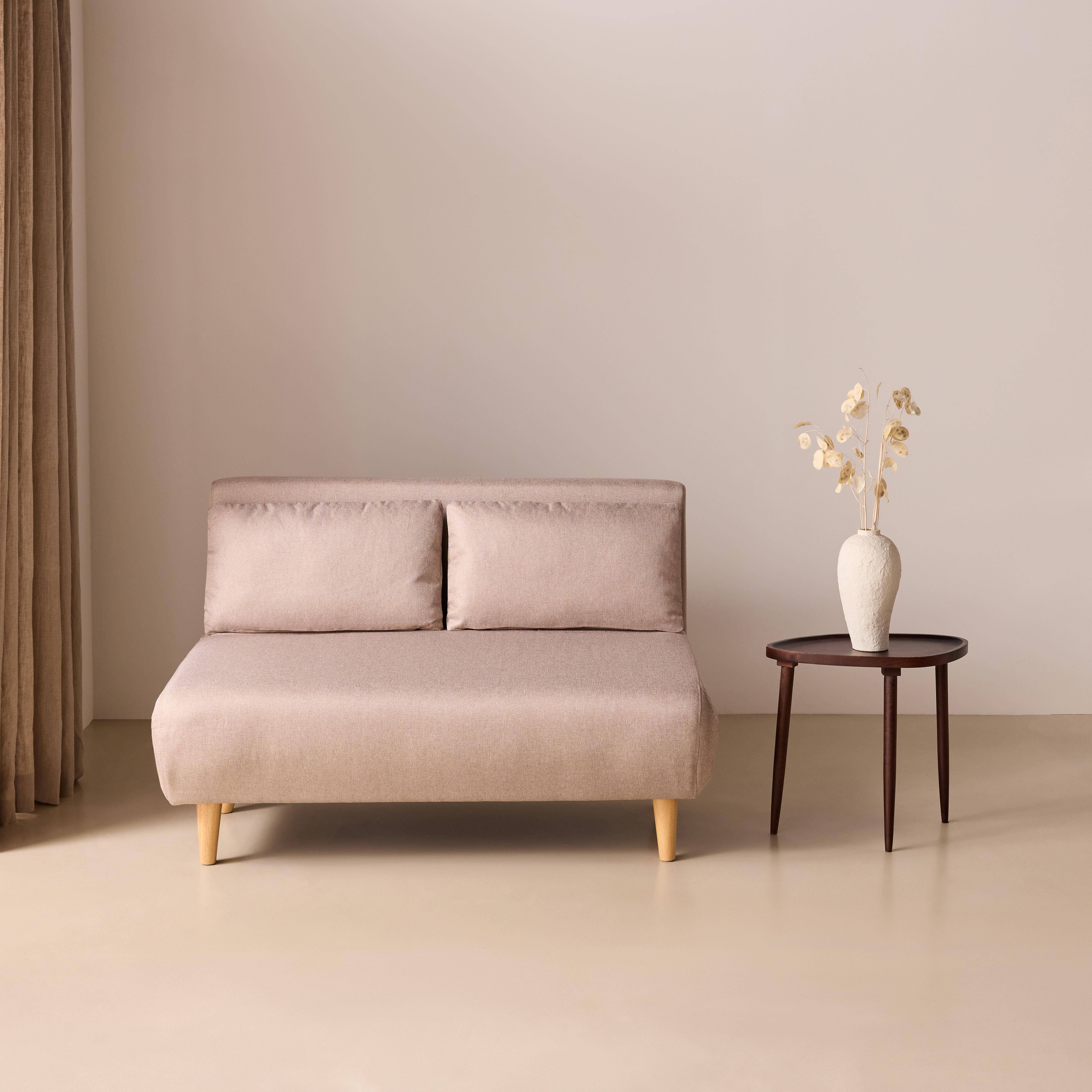 Canapé convertible en tissu - Guesta - 2 places scandinave, pieds bois foncé, beige, banquette, dossier inclinable Photo1