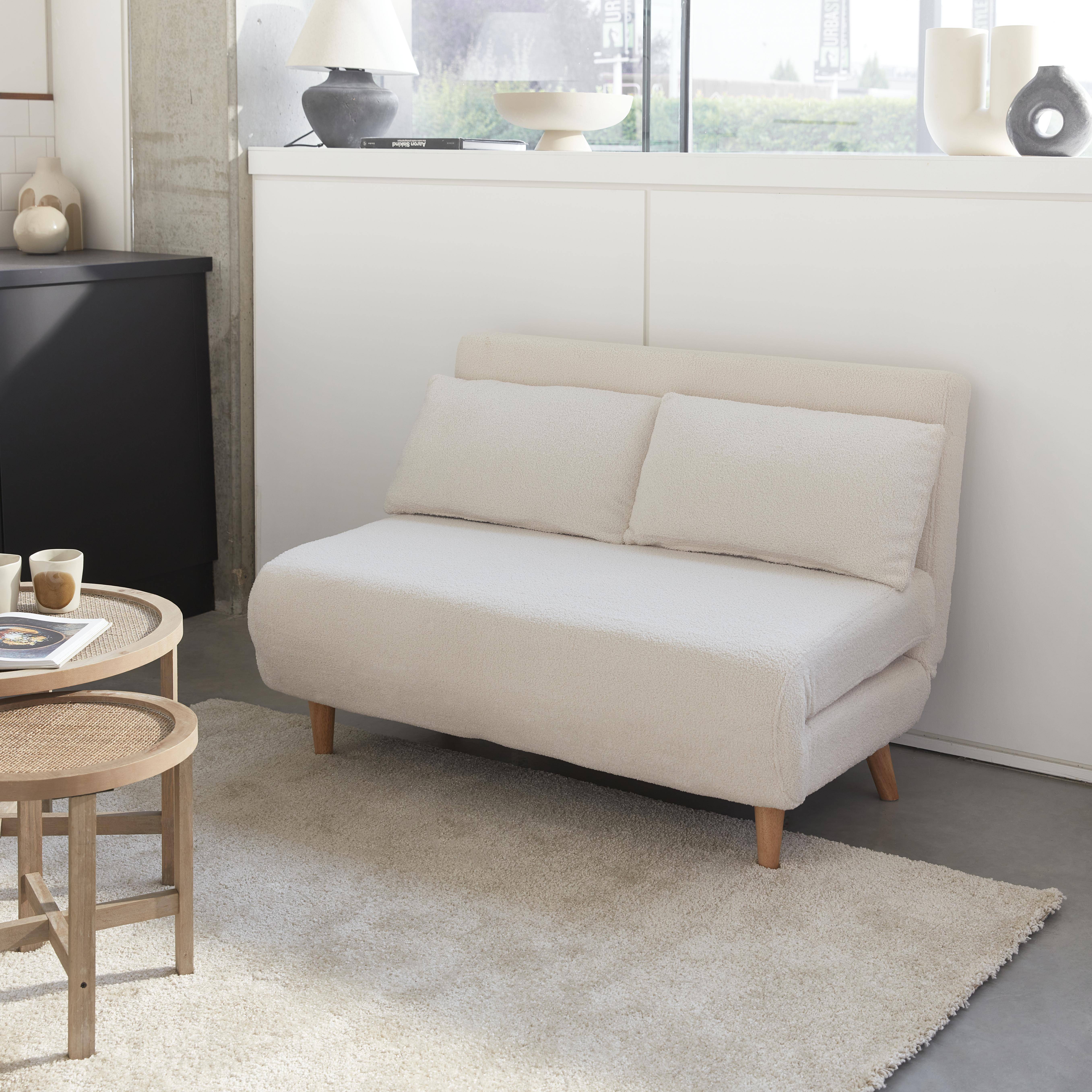 Sofá cama de tejido rizado blanco - Guesta - Sofá escandinavo de 2 plazas, patas de madera oscura, asiento corrido, respaldo reclinable,sweeek,Photo1