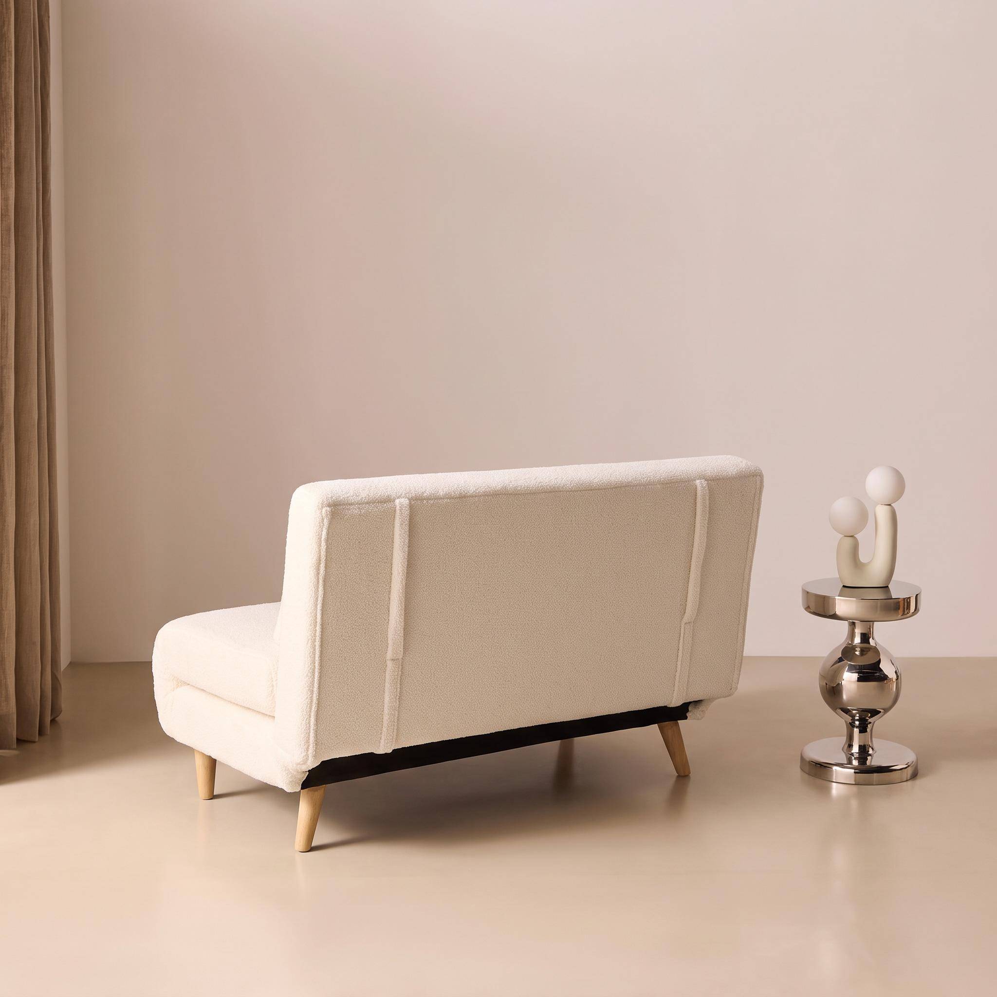 Sofá-cama em tecido bouclé com pés em madeira, 2 lugares Creme - 120x89x80 cm,sweeek,Photo6