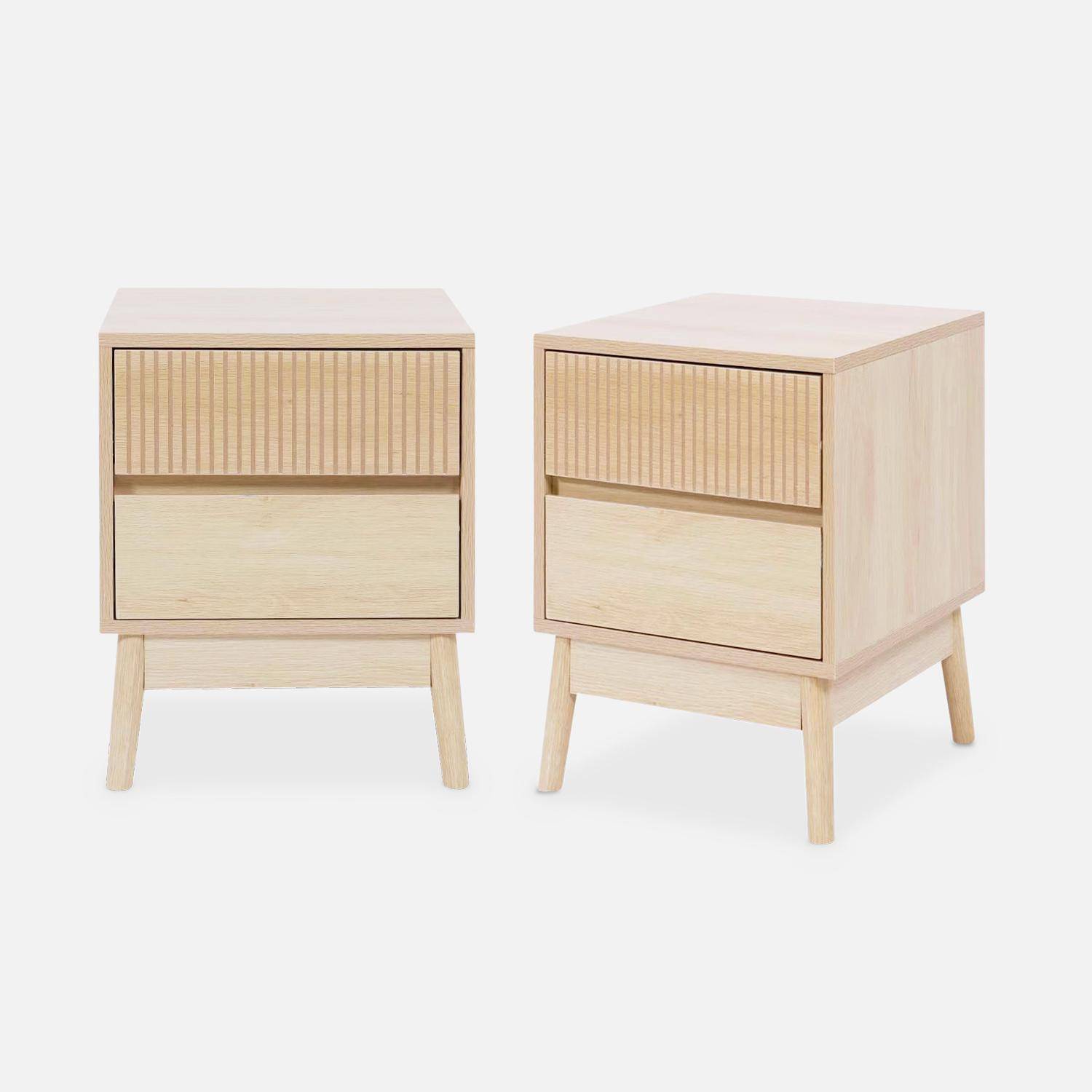 Pair of grooved wooden bedside tables with 2 drawers, 40x39x48cm - Linear - Natural Wood colour Photo1