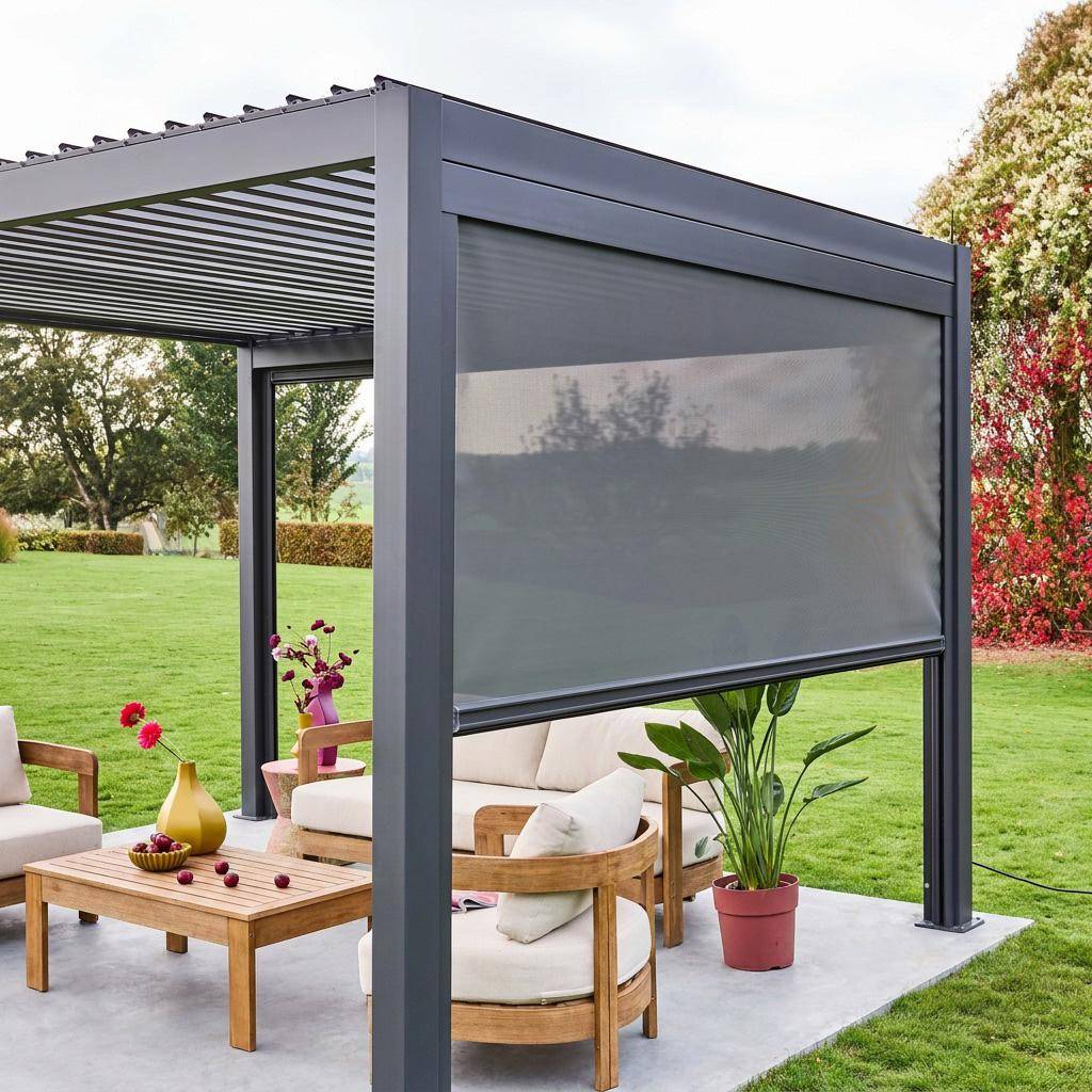 Estor lateral enrollable de aluminio y textileno para pérgola bioclimática, 3m Antracita - 300x300x236 cm,sweeek,Photo2