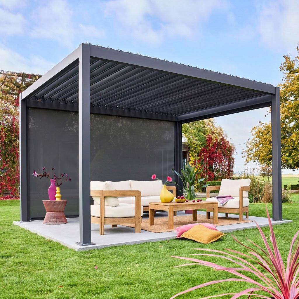 Estor lateral enrollable de aluminio y textileno para pérgola bioclimática, 4m Antracita - 370x1x236 cm Photo1