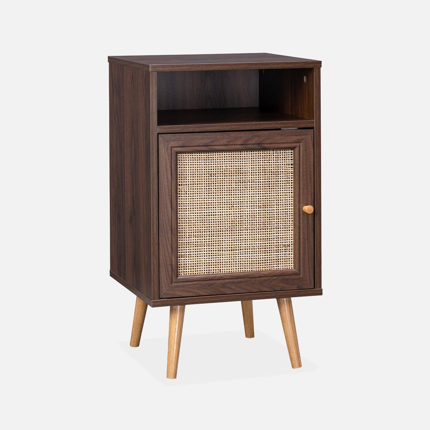 Scandi-style wood and cane rattan bedside table with cupboard, 40x39x70cm - Boheme - Dark Wood colour Photo2