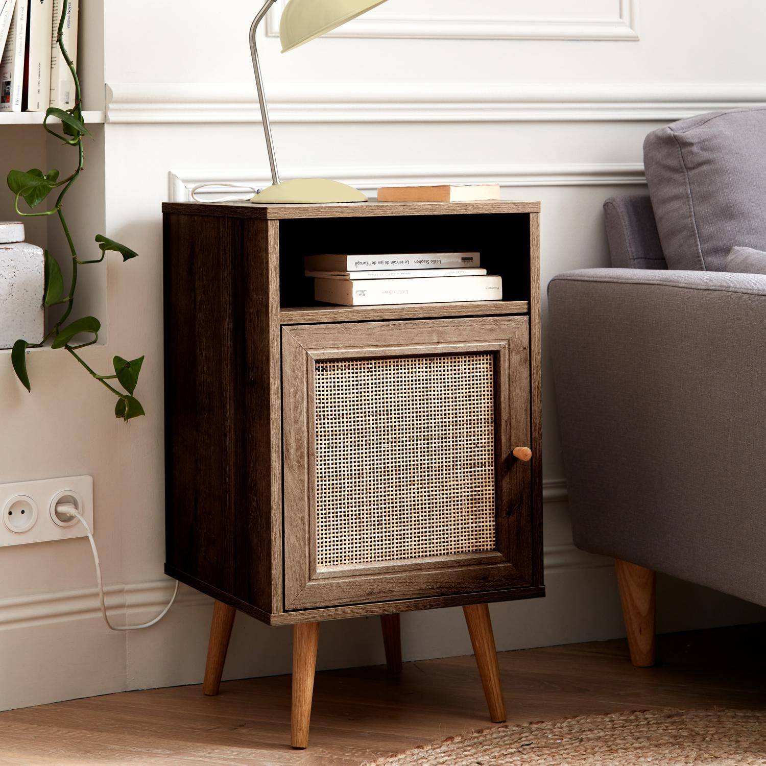 Scandi-style wood and cane rattan bedside table with cupboard, 40x39x70cm - Boheme - Dark Wood colour Photo1