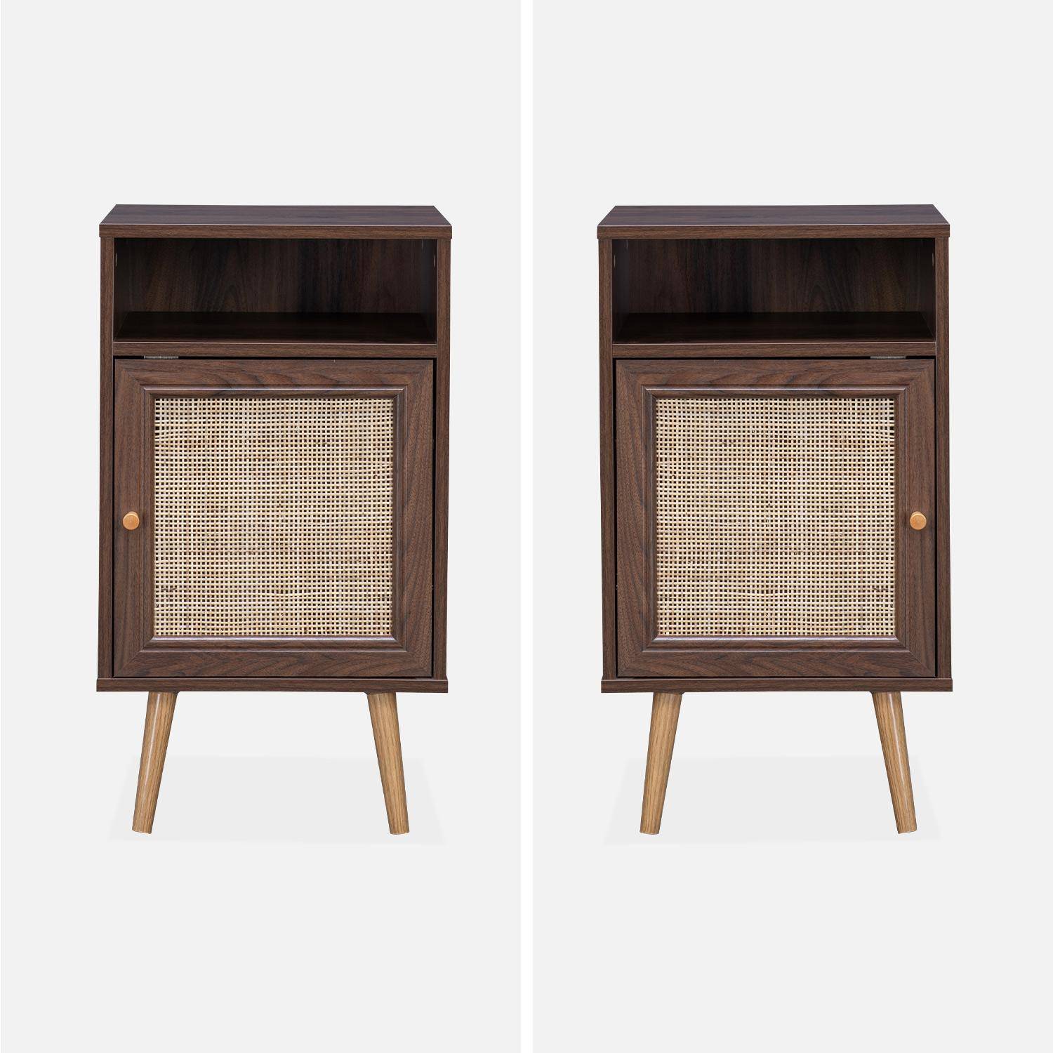 Scandi-style wood and cane rattan bedside table with cupboard, 40x39x70cm - Boheme - Dark Wood colour Photo3