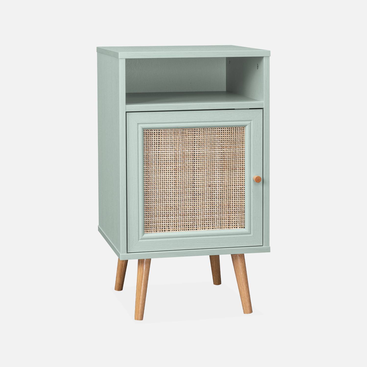 Scandi-style wood and cane rattan bedside table with cupboard, 40x39x70cm, Pastel Green | sweeek