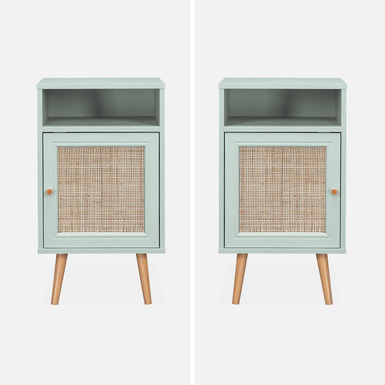 Scandi-style wood and cane rattan bedside table with cupboard, 40x39x70cm - Boheme - Pastel Green Photo4
