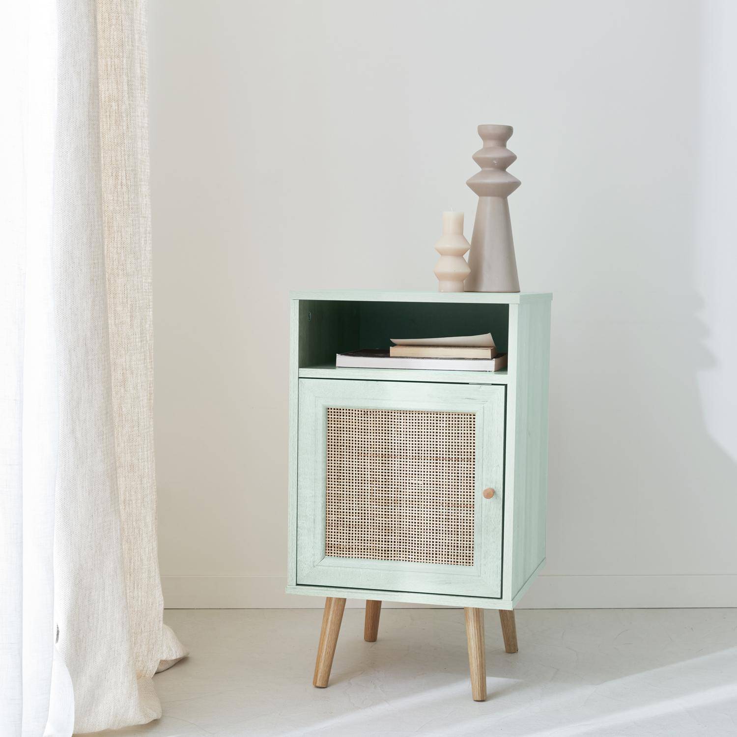 Scandi-style wood and cane rattan bedside table with cupboard, 40x39x70cm - Boheme - Pastel Green,sweeek,Photo1