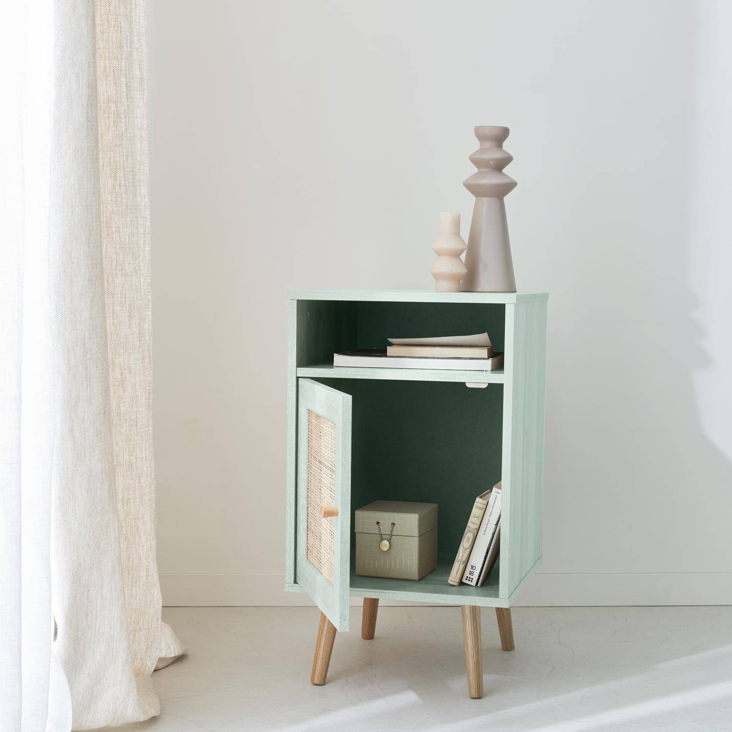 Scandi-style wood and cane rattan bedside table with cupboard, 40x39x70cm - Boheme - Pastel Green Photo2