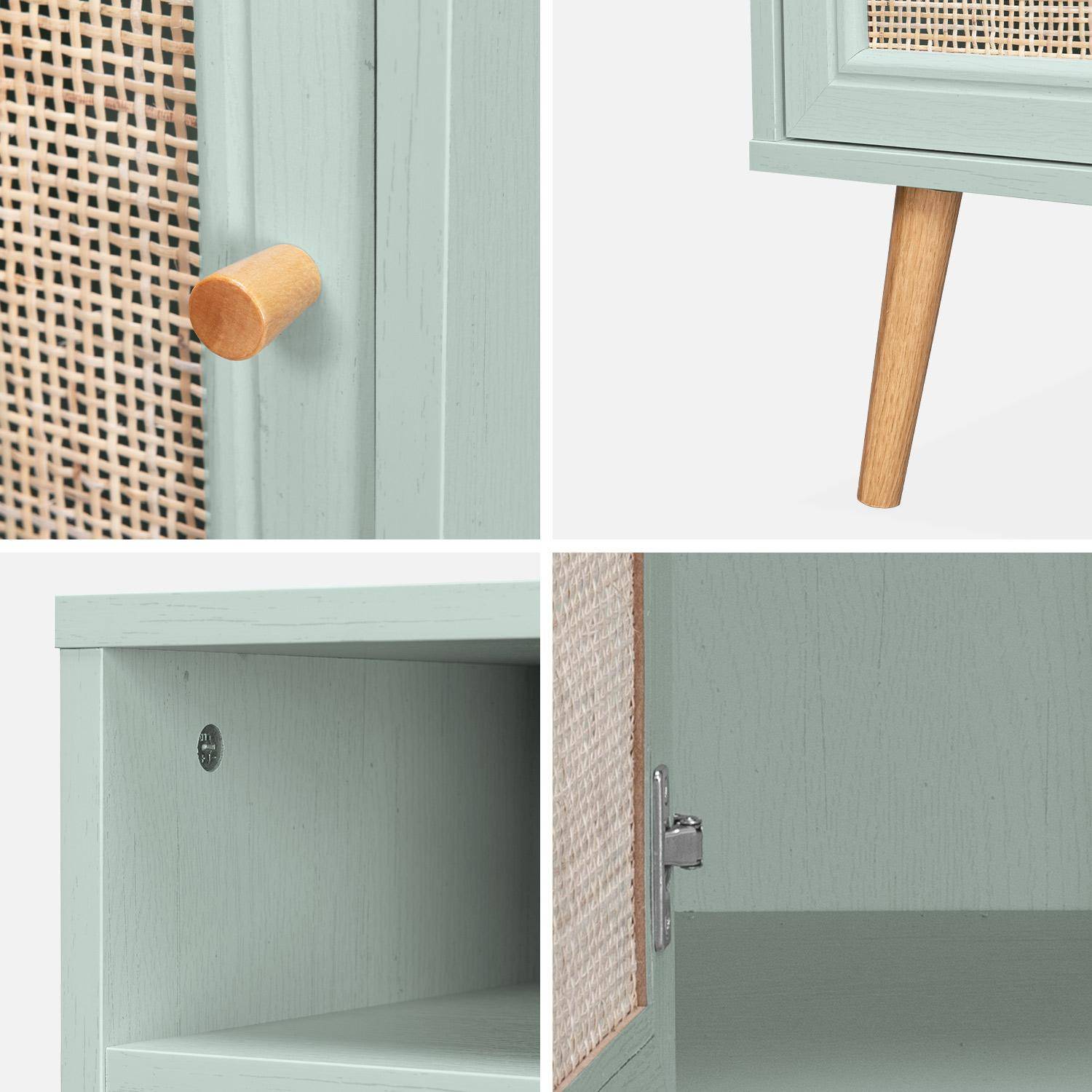 Scandi-style wood and cane rattan bedside table with cupboard, 40x39x70cm - Boheme - Pastel Green Photo6