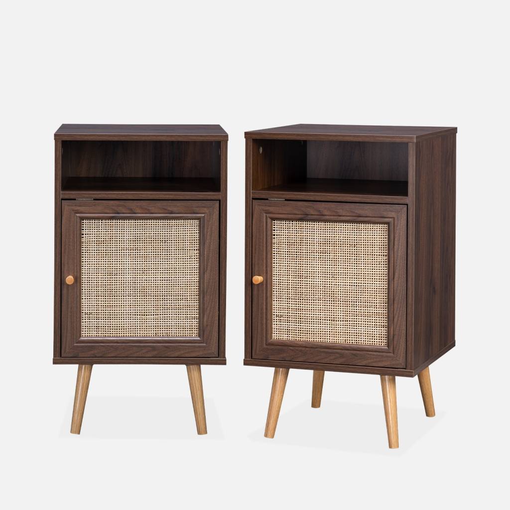 Mesita de noche escandinava efecto madera y caña, set de 2, Madera oscura