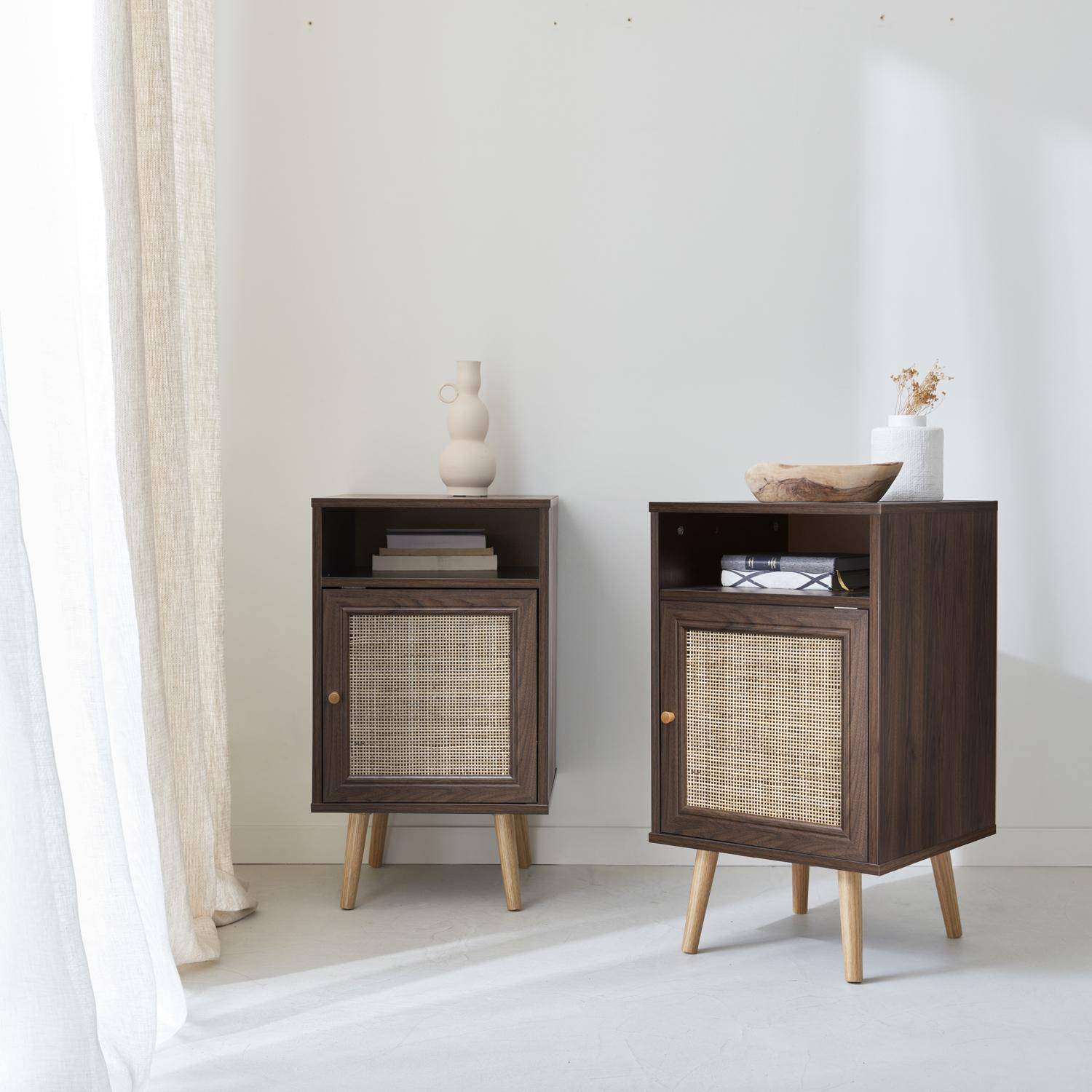 Pair of Scandi-style wood and cane rattan bedside tables with cupboard, 40x39x70cm - Boheme - Dark Wood colour Photo1