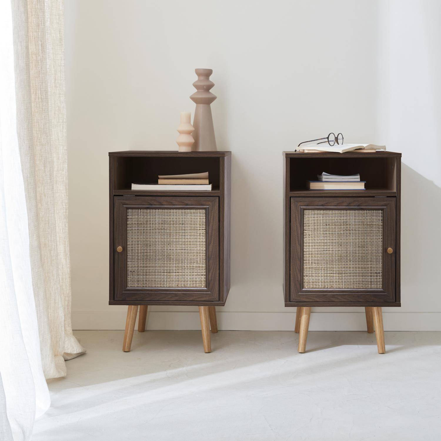 Pair of Scandi-style wood and cane rattan bedside tables with cupboard, 40x39x70cm - Boheme - Dark Wood colour Photo2
