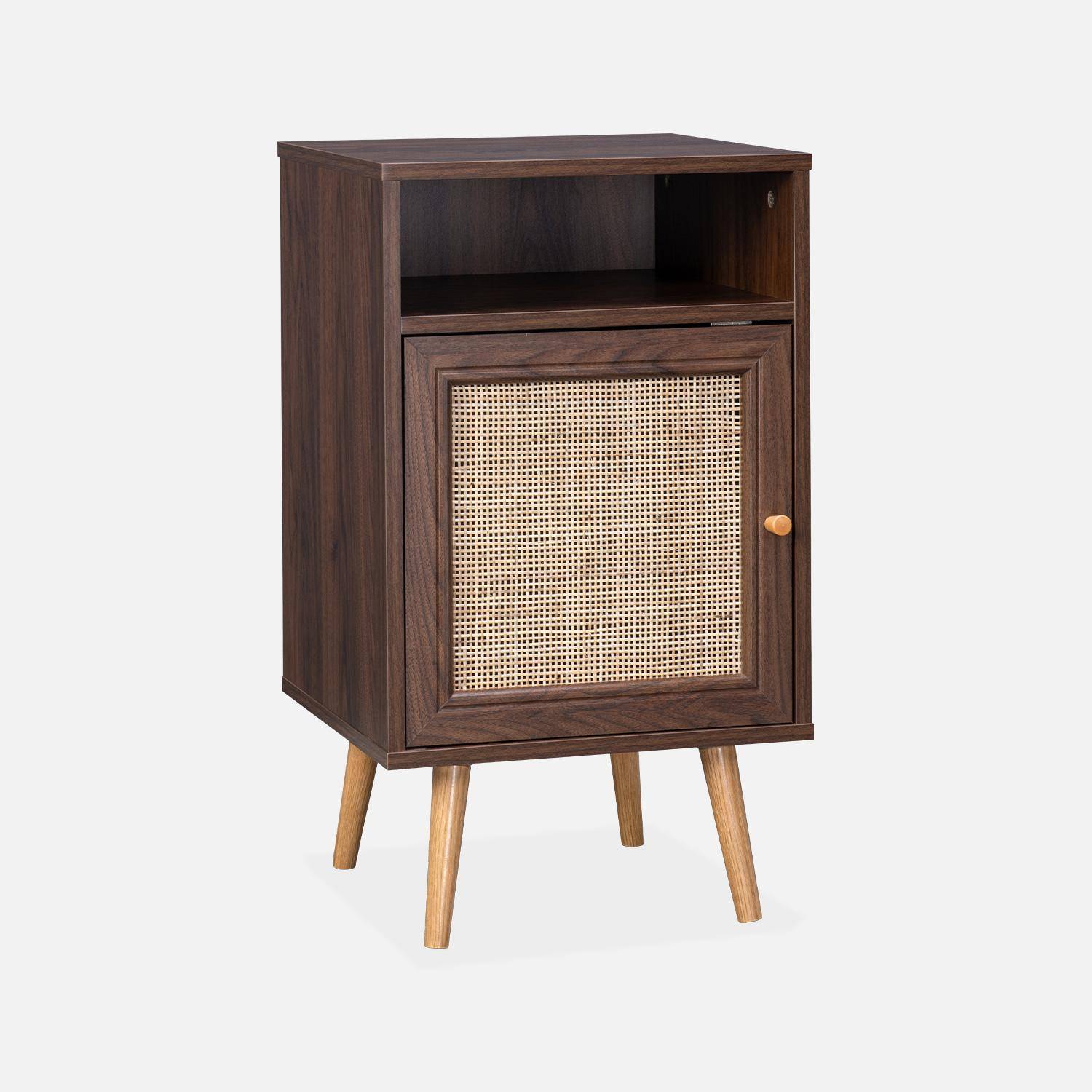 Pair of Scandi-style wood and cane rattan bedside tables with cupboard, 40x39x70cm - Boheme - Dark Wood colour,sweeek,Photo5