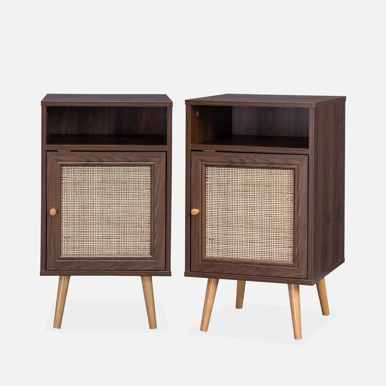Pair of Scandi-style wood and cane rattan bedside tables with cupboard, 40x39x70cm - Boheme - Dark Wood colour Photo3