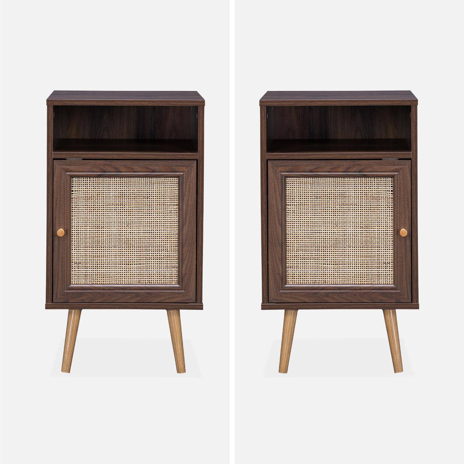 Pair of Scandi-style wood and cane rattan bedside tables with cupboard, 40x39x70cm - Boheme - Dark Wood colour Photo4